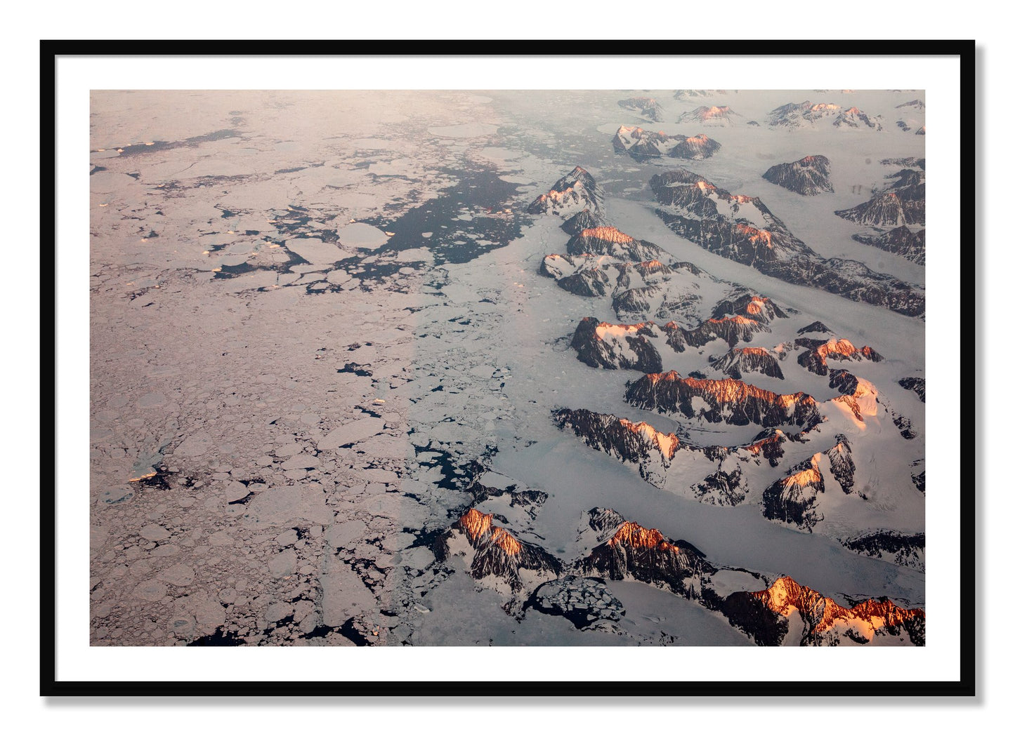 Framed photograph of Greenland Peaks by Dylan Ozanich, Black frame, Borders