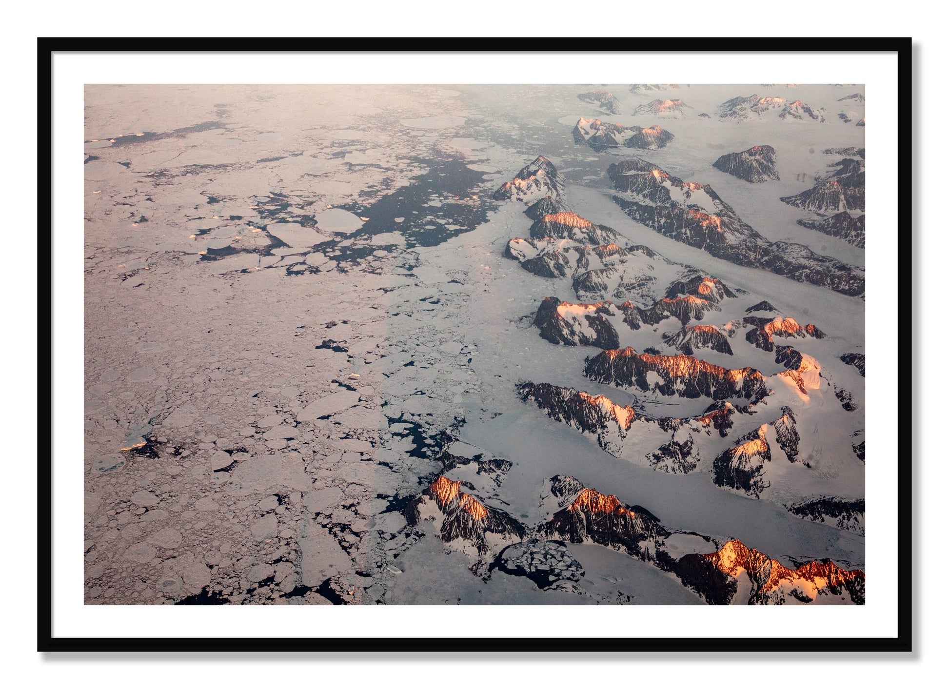 Framed photograph of Greenland Peaks by Dylan Ozanich, Black frame, Borders