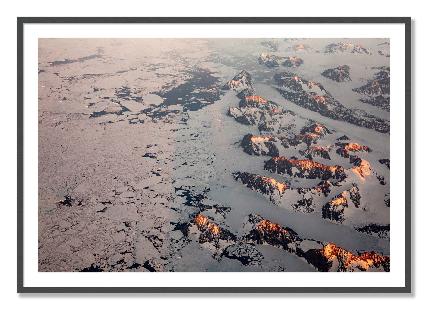 Framed photograph of Greenland Peaks by Dylan Ozanich, Grey frame, Borders