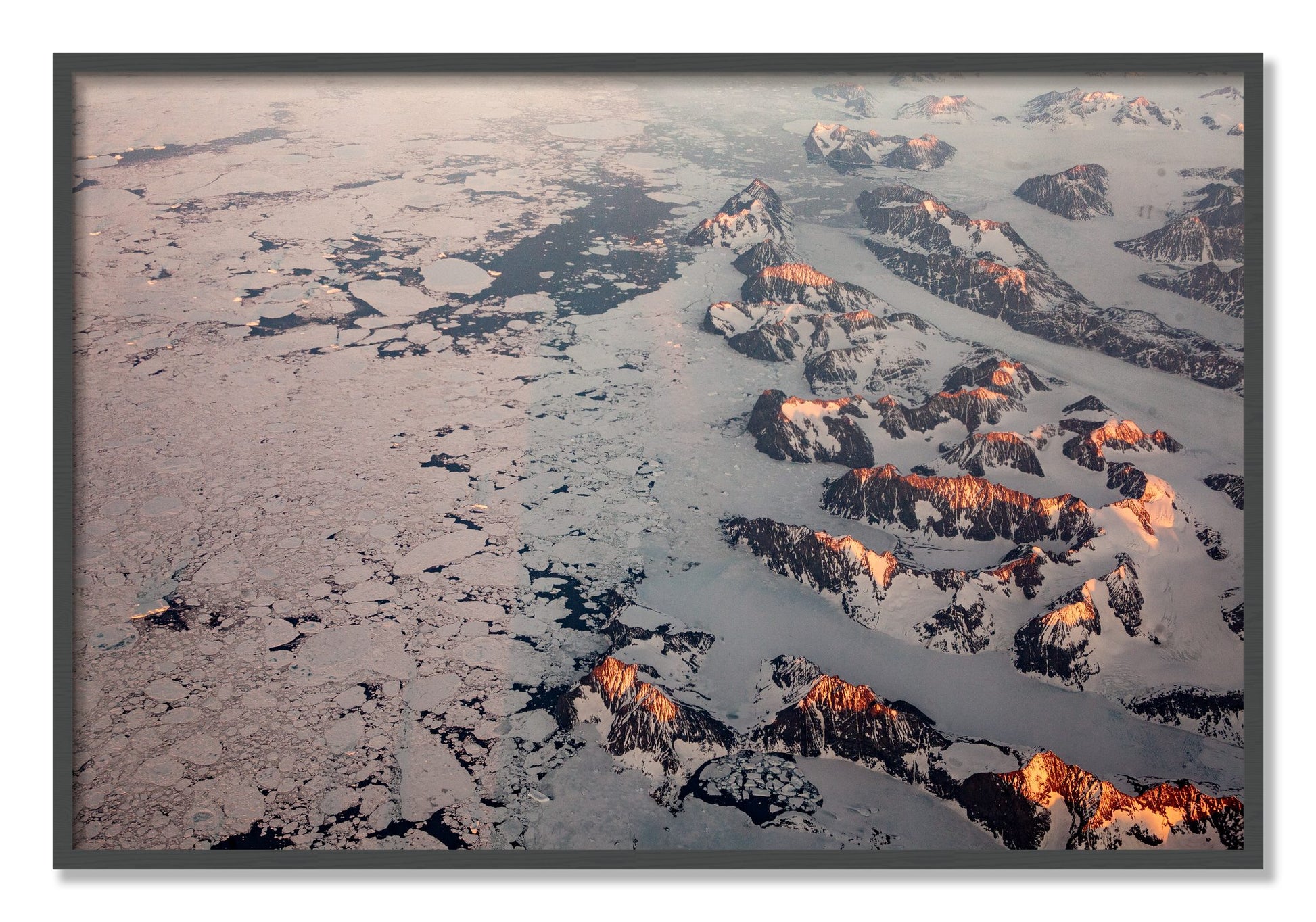 Framed photograph of Greenland Peaks by Dylan Ozanich, Grey frame, Full Bleed