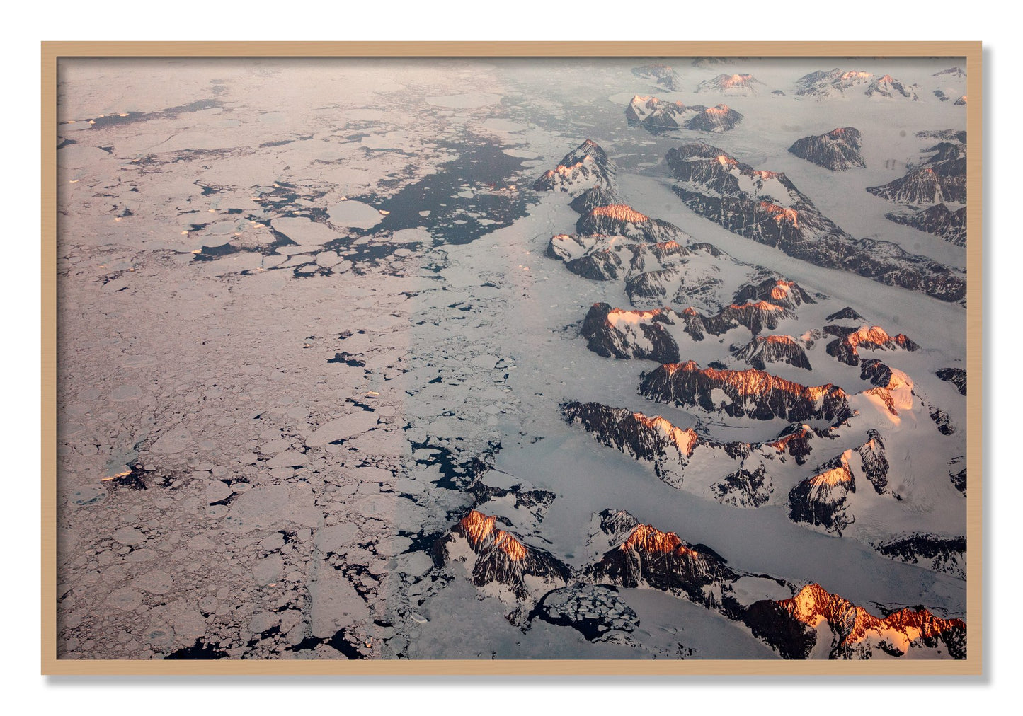 Framed photograph of Greenland Peaks by Dylan Ozanich, Oak frame, Full Bleed