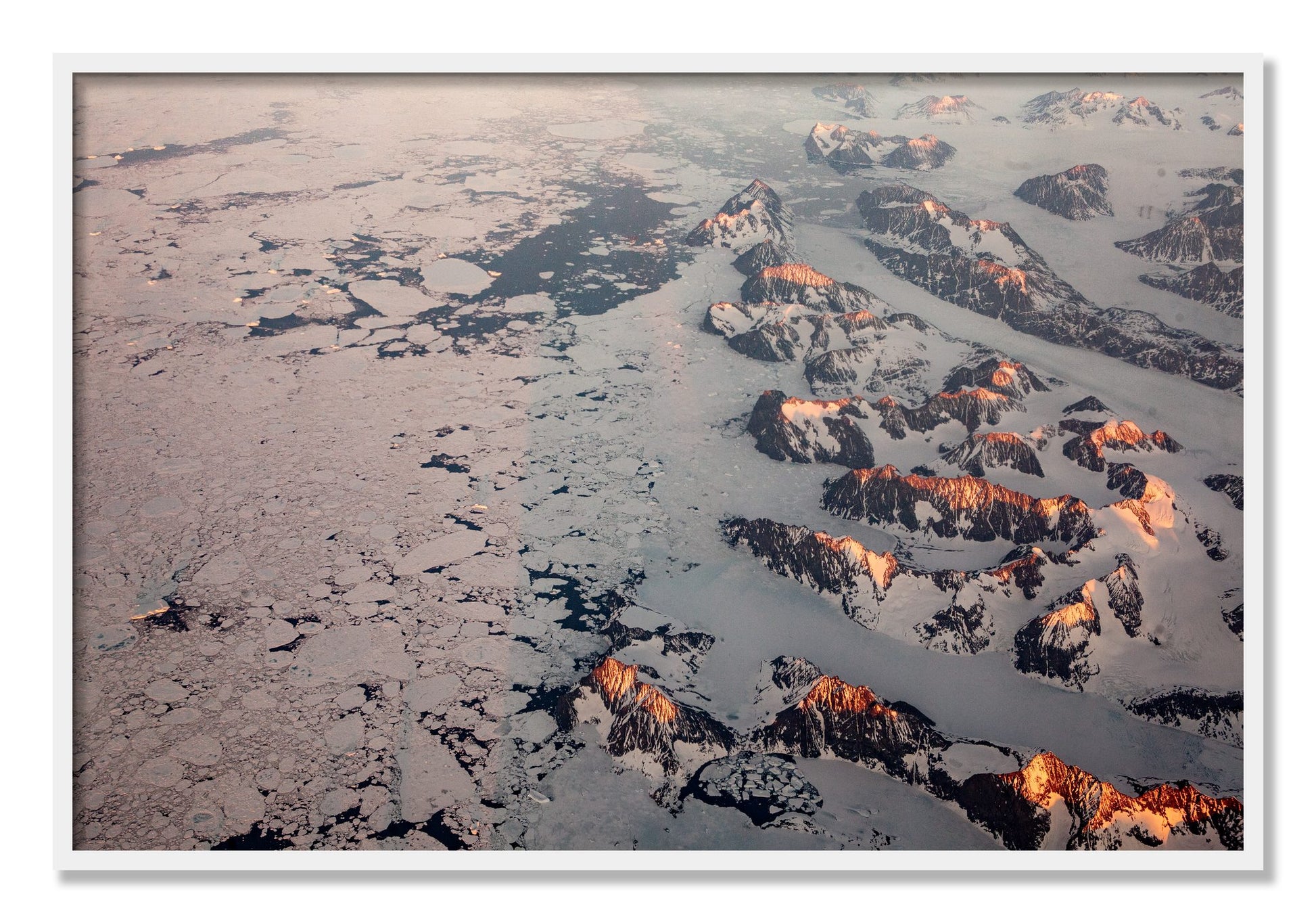 Framed photograph of Greenland Peaks by Dylan Ozanich, White frame, Full Bleed