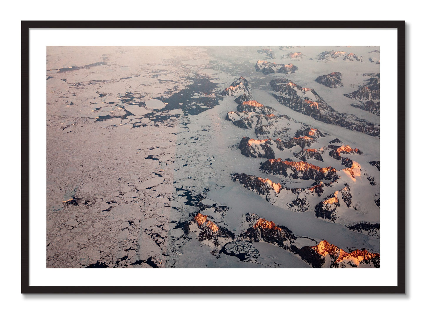 Framed photograph of Greenland Peaks by Dylan Ozanich, Black Walnut frame, Borders