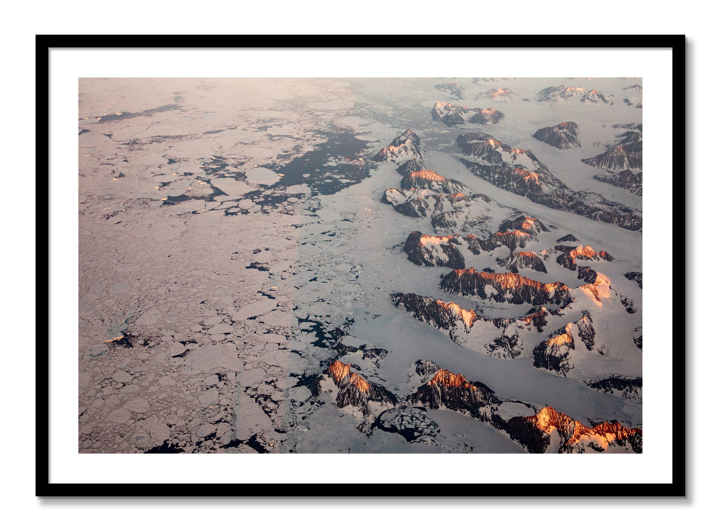 Framed photograph of Greenland Peaks by Dylan Ozanich, Black frame, Borders