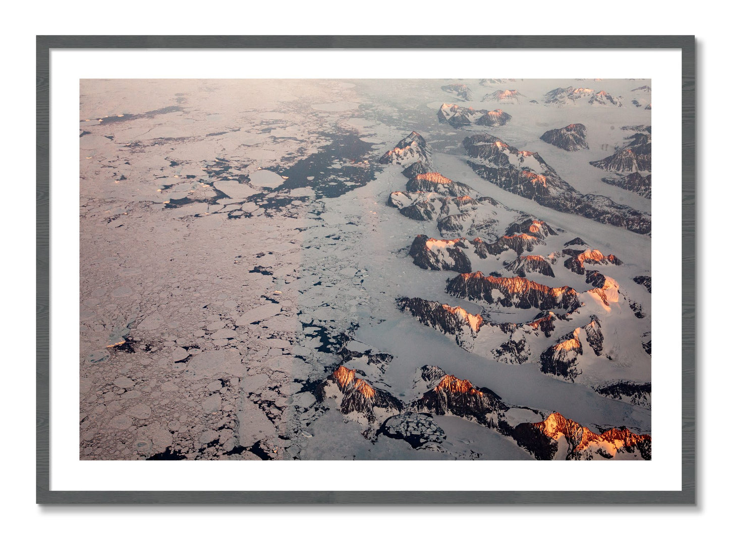 Framed photograph of Greenland Peaks by Dylan Ozanich, Grey frame, Borders