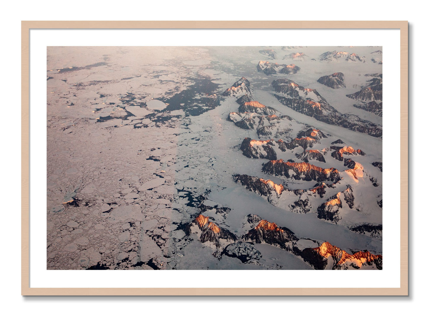 Framed photograph of Greenland Peaks by Dylan Ozanich, Maple frame, Borders