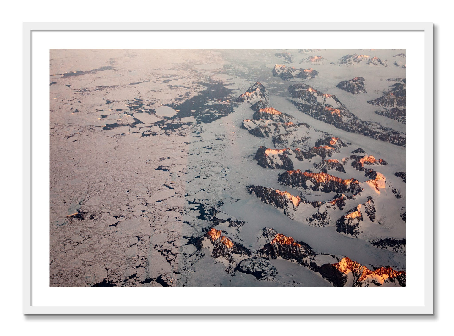 Framed photograph of Greenland Peaks by Dylan Ozanich, White frame, Borders