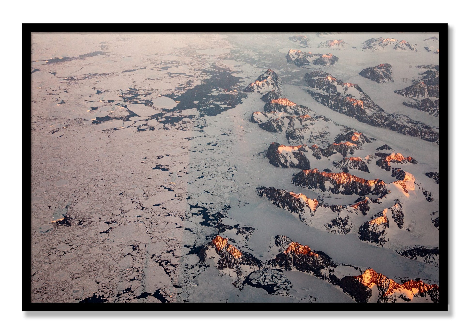 Framed photograph of Greenland Peaks by Dylan Ozanich, Black frame, Full Bleed