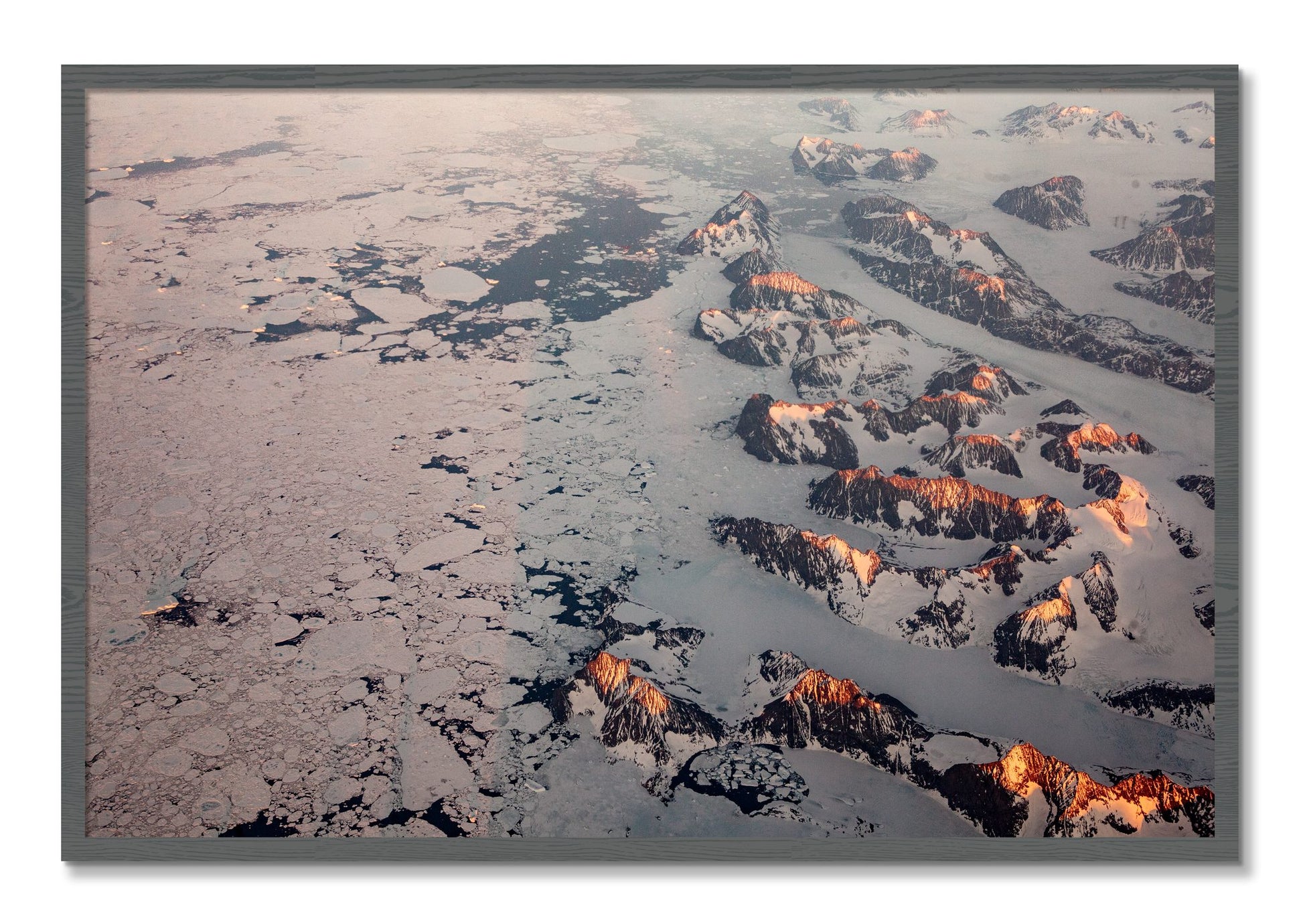 Framed photograph of Greenland Peaks by Dylan Ozanich, Grey frame, Full Bleed