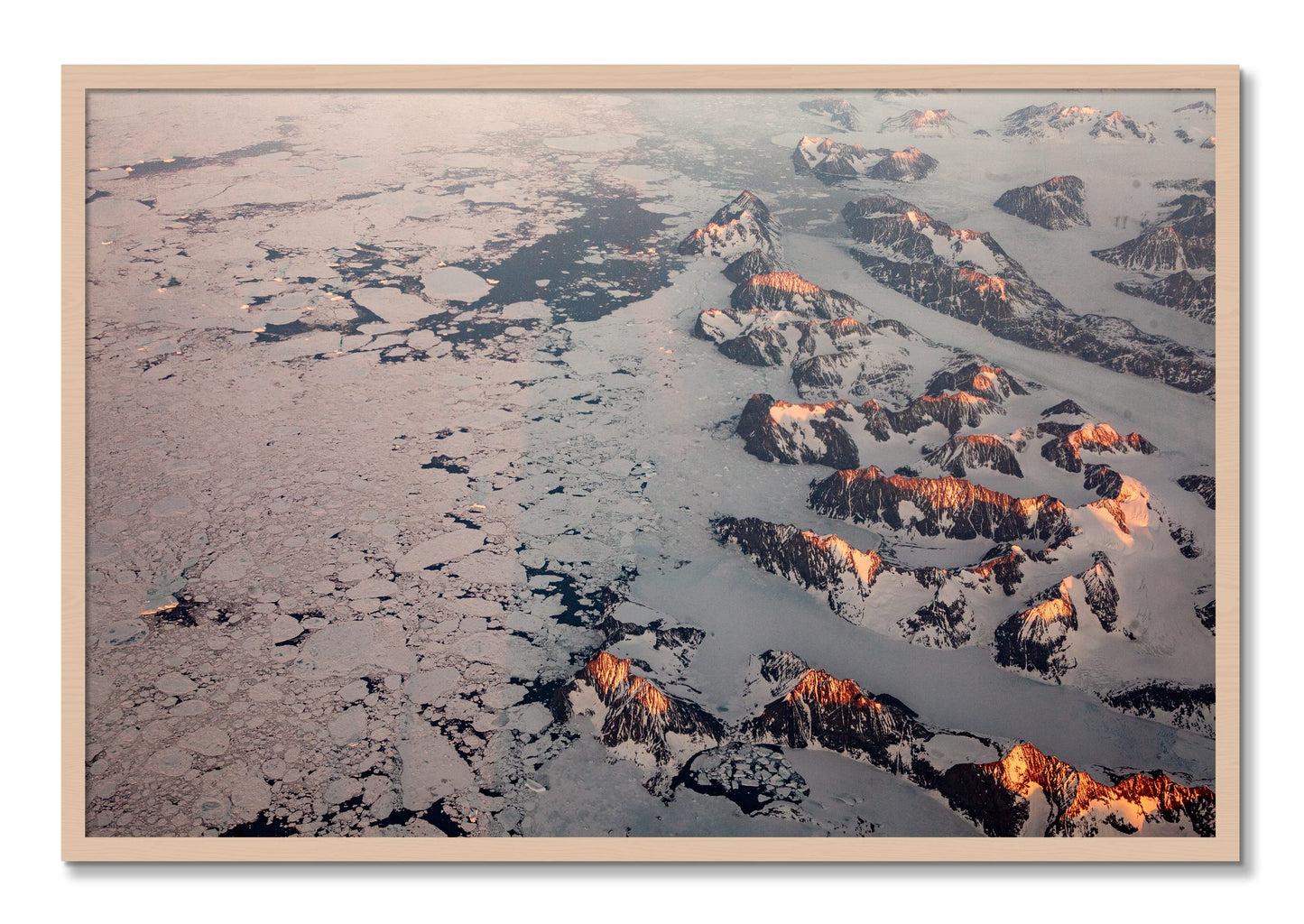 Framed photograph of Greenland Peaks by Dylan Ozanich, Maple frame, Full Bleed