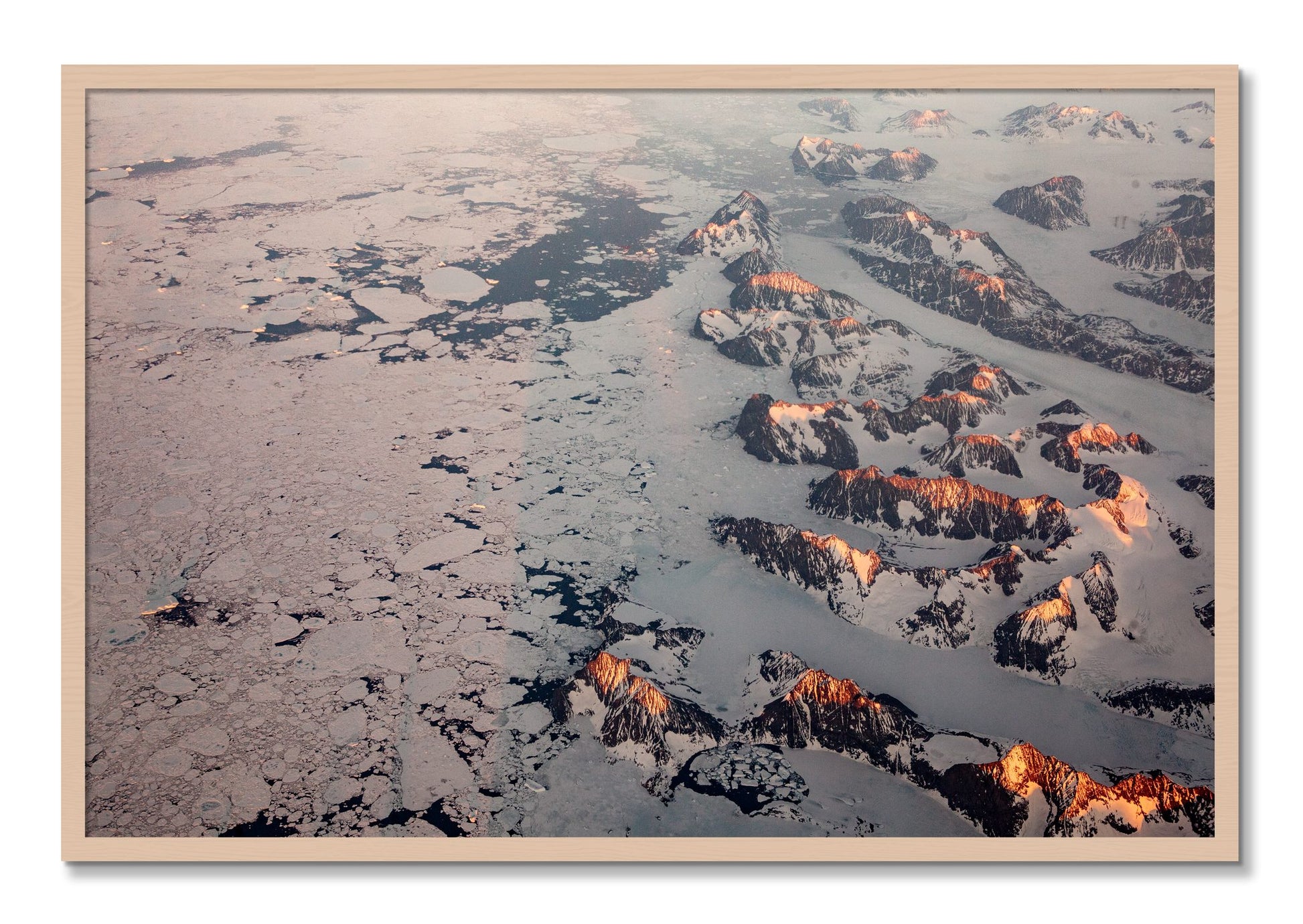 Framed photograph of Greenland Peaks by Dylan Ozanich, Maple frame, Full Bleed