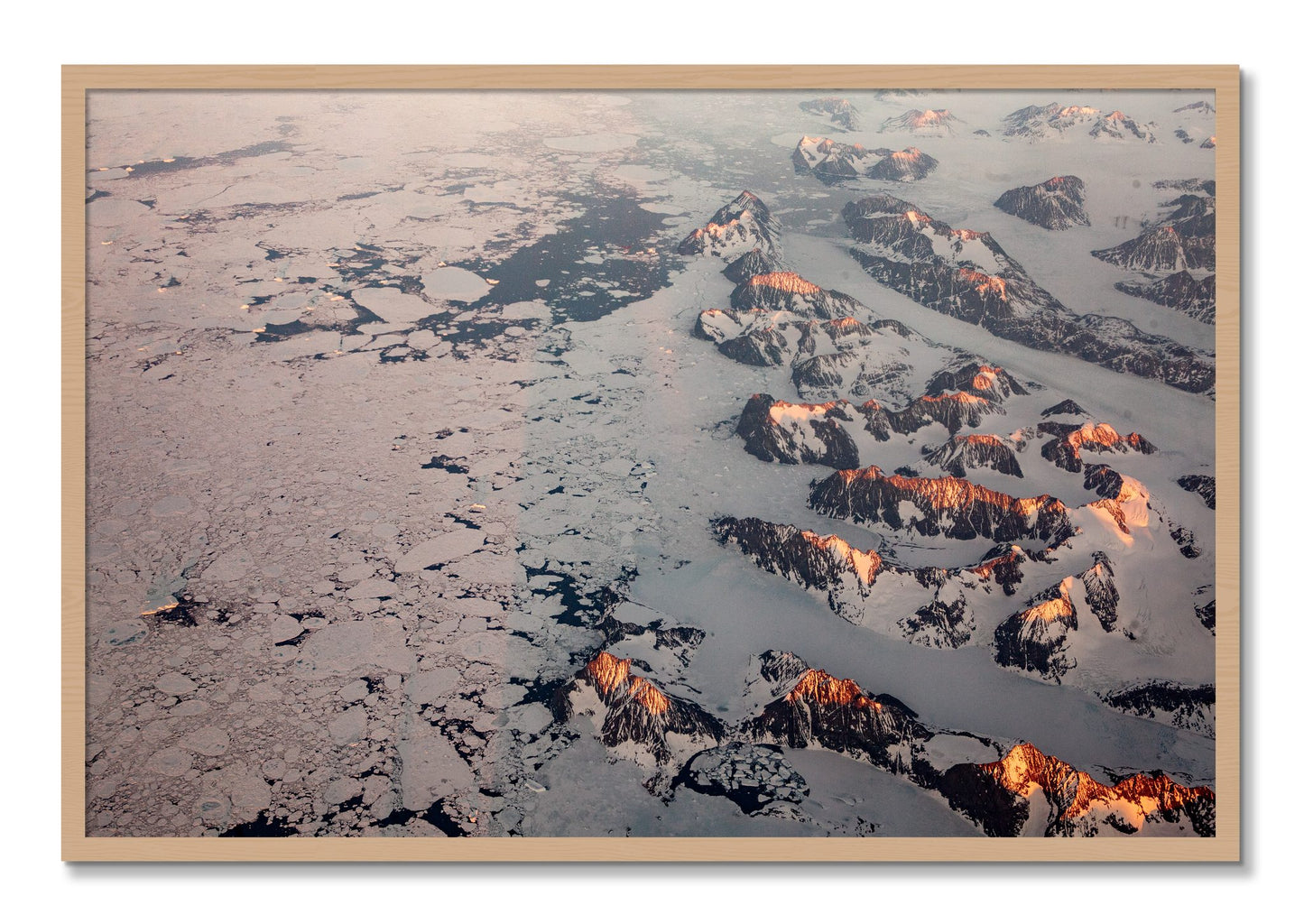 Framed photograph of Greenland Peaks by Dylan Ozanich, Oak frame, Full Bleed