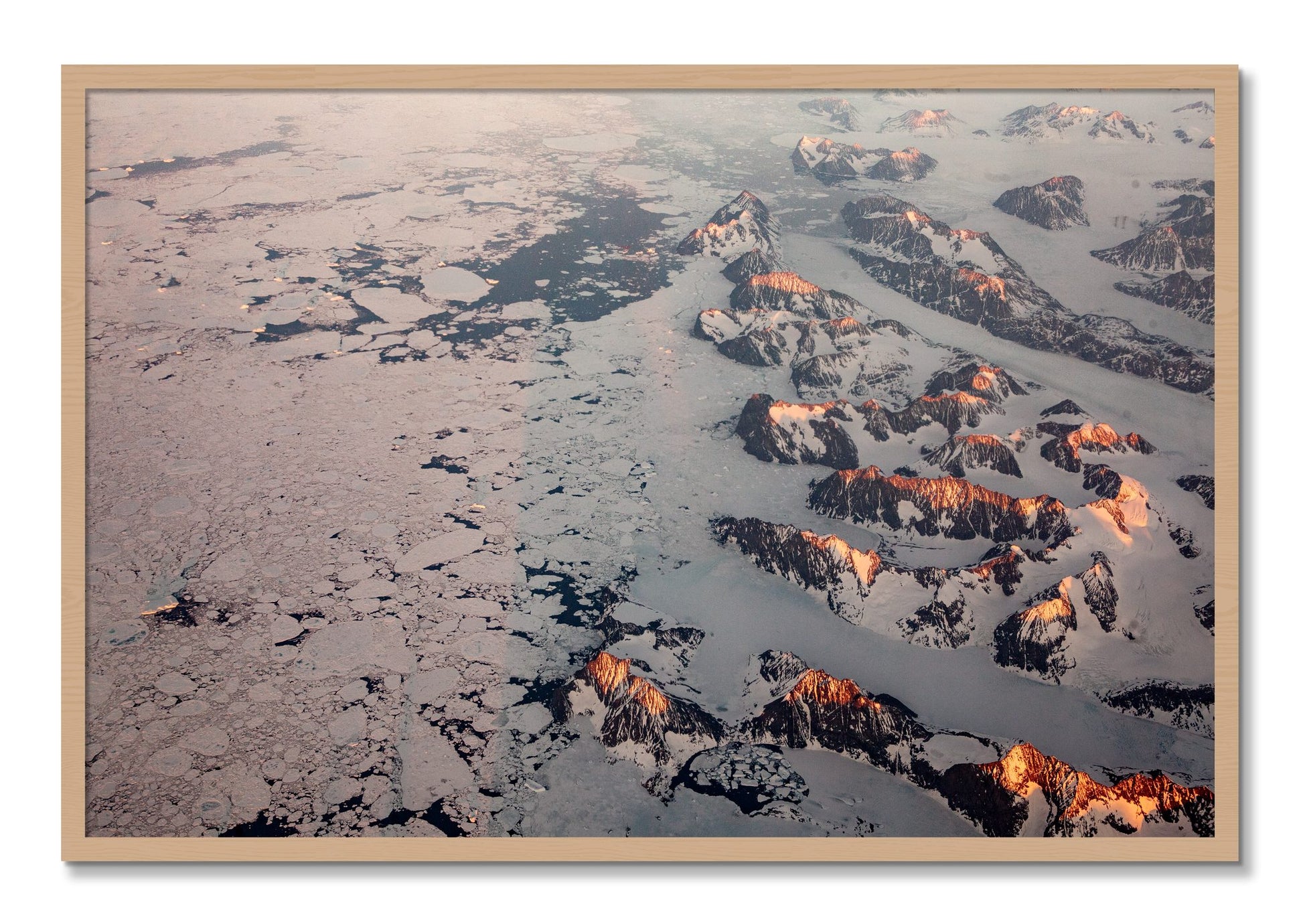 Framed photograph of Greenland Peaks by Dylan Ozanich, Oak frame, Full Bleed