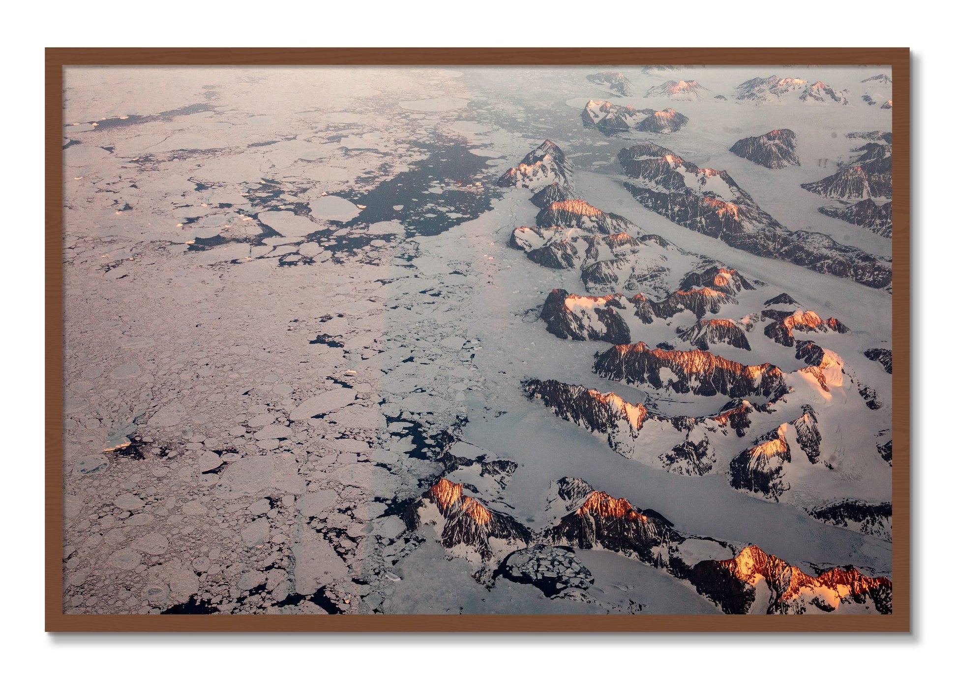Framed photograph of Greenland Peaks by Dylan Ozanich, Walnut frame, Full Bleed