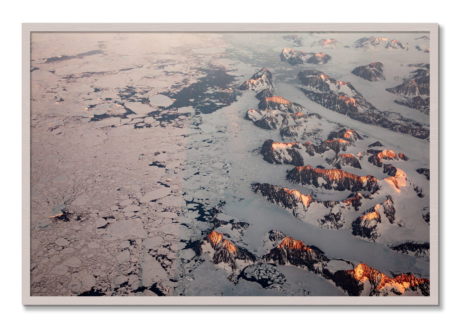 Framed photograph of Greenland Peaks by Dylan Ozanich, White Maple frame, Full Bleed
