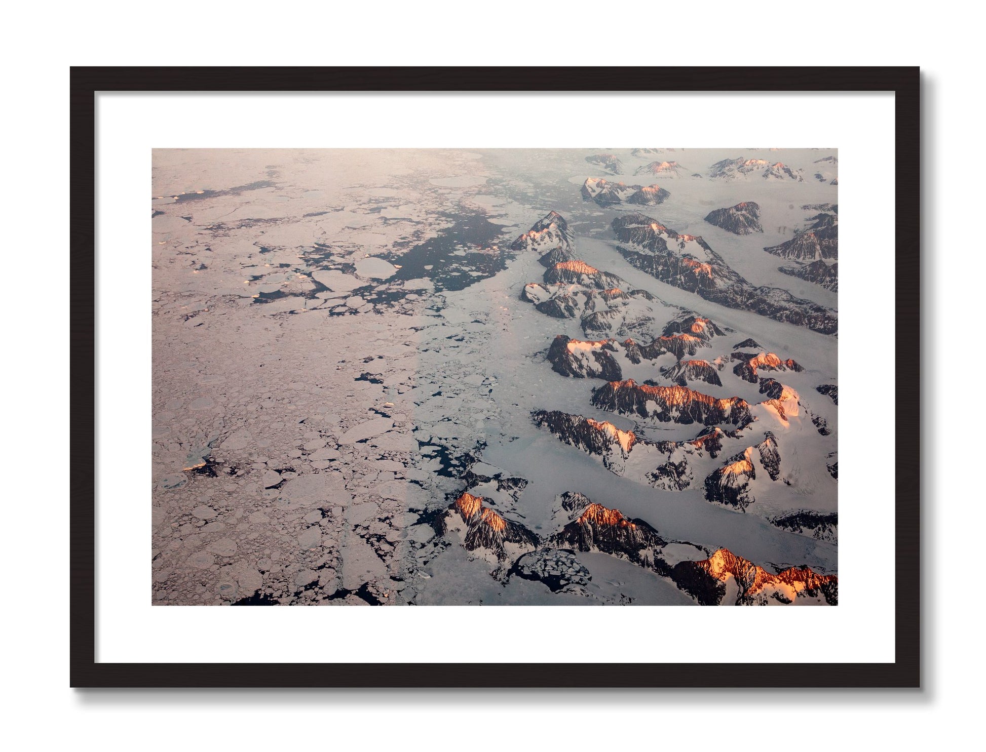 Framed photograph of Greenland Peaks by Dylan Ozanich, Black Walnut frame, Borders