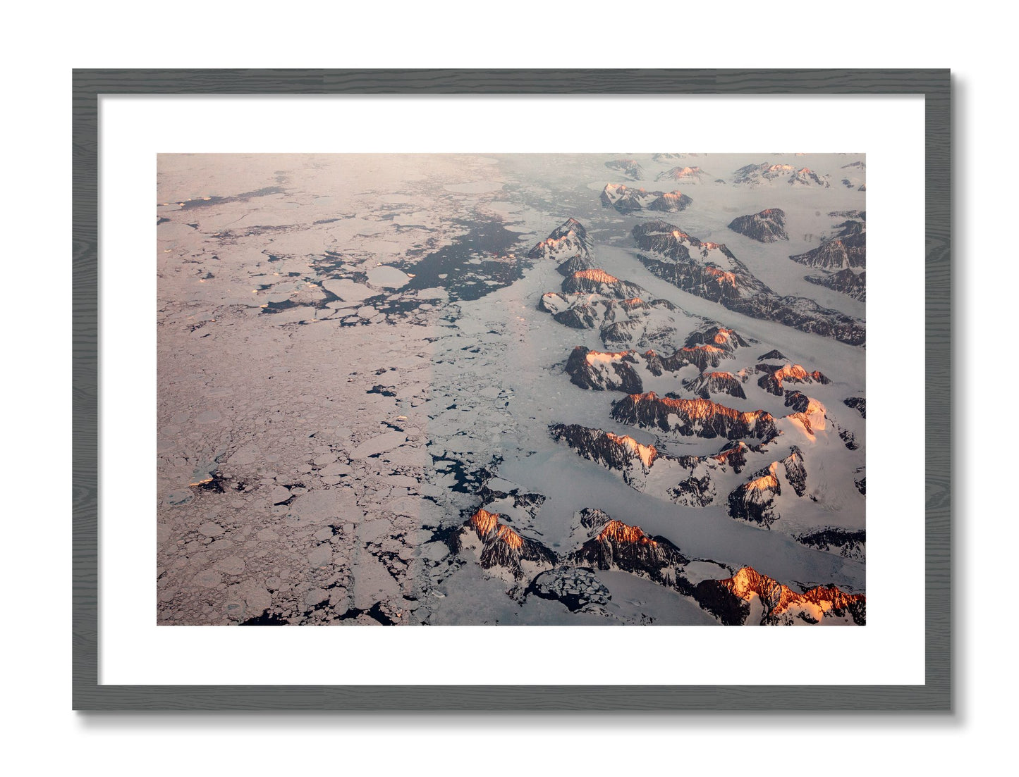 Framed photograph of Greenland Peaks by Dylan Ozanich, Grey frame, Borders