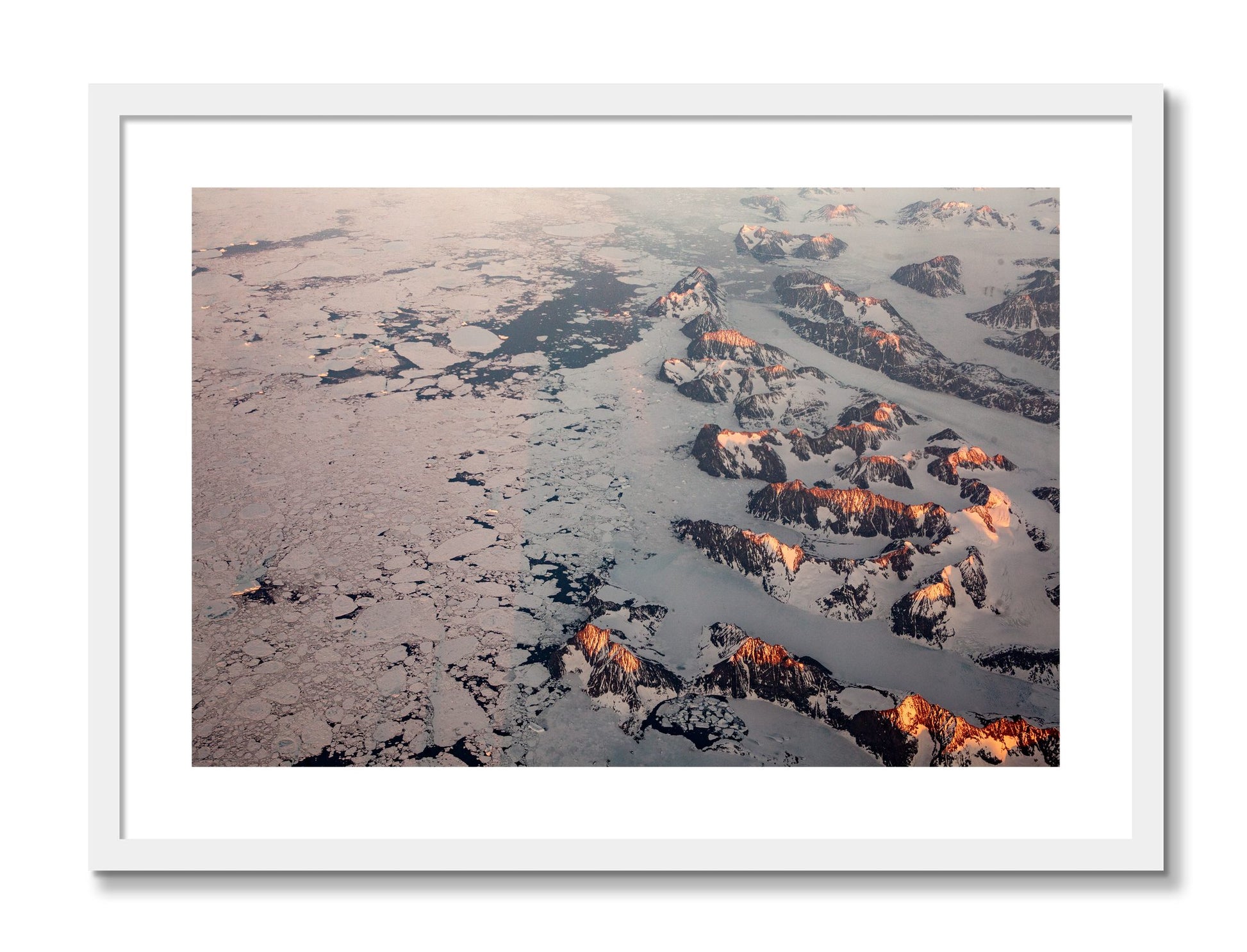 Framed photograph of Greenland Peaks by Dylan Ozanich, White frame, Borders
