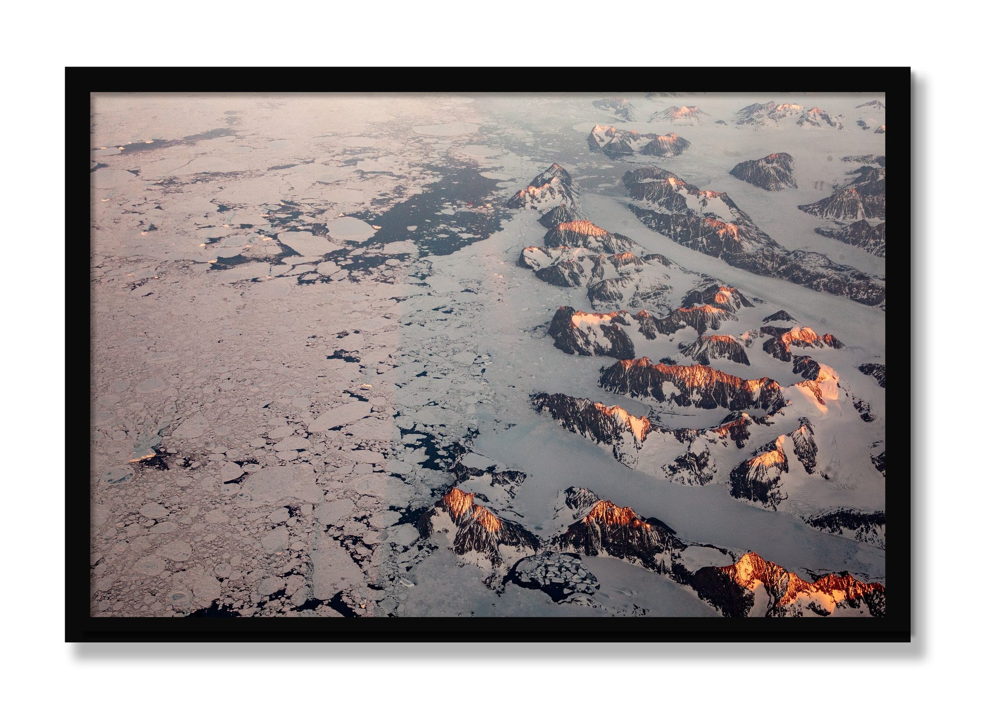 Framed photograph of Greenland Peaks by Dylan Ozanich, Black frame, Full Bleed