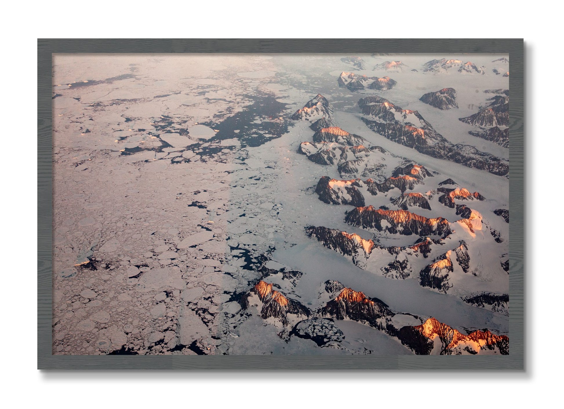 Framed photograph of Greenland Peaks by Dylan Ozanich, Grey frame, Full Bleed