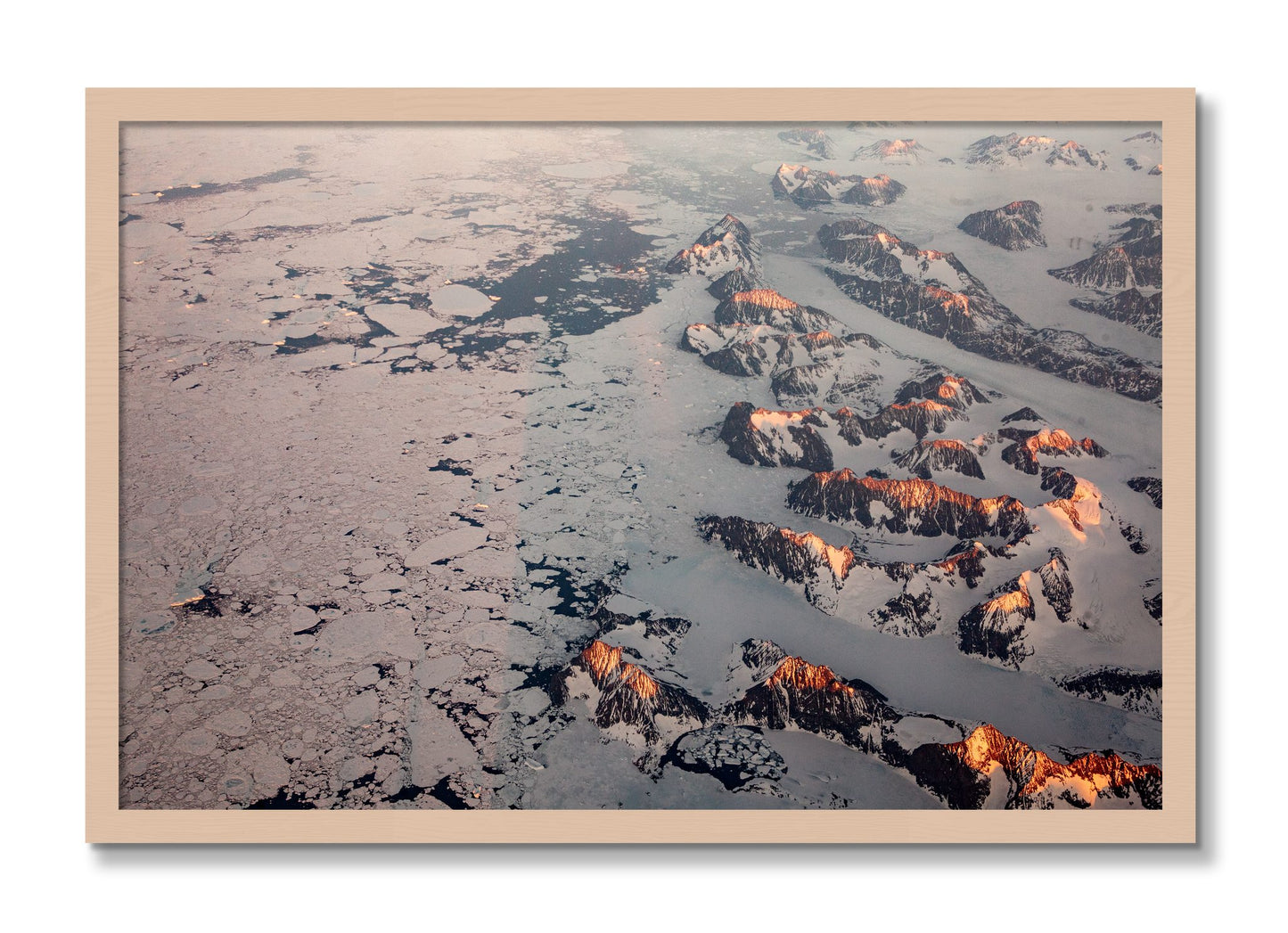 Framed photograph of Greenland Peaks by Dylan Ozanich, Maple frame, Full Bleed