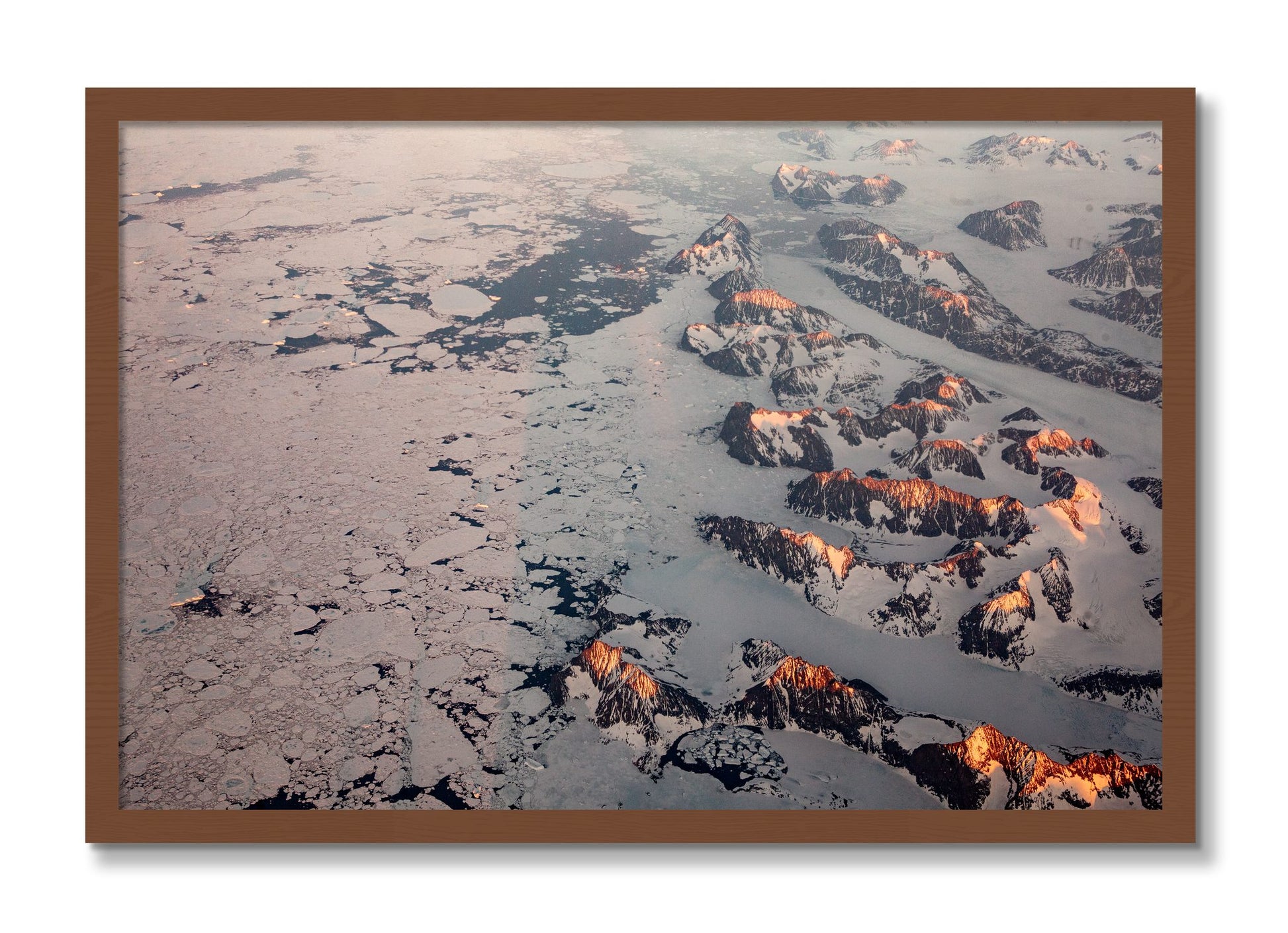 Framed photograph of Greenland Peaks by Dylan Ozanich, Walnut frame, Full Bleed