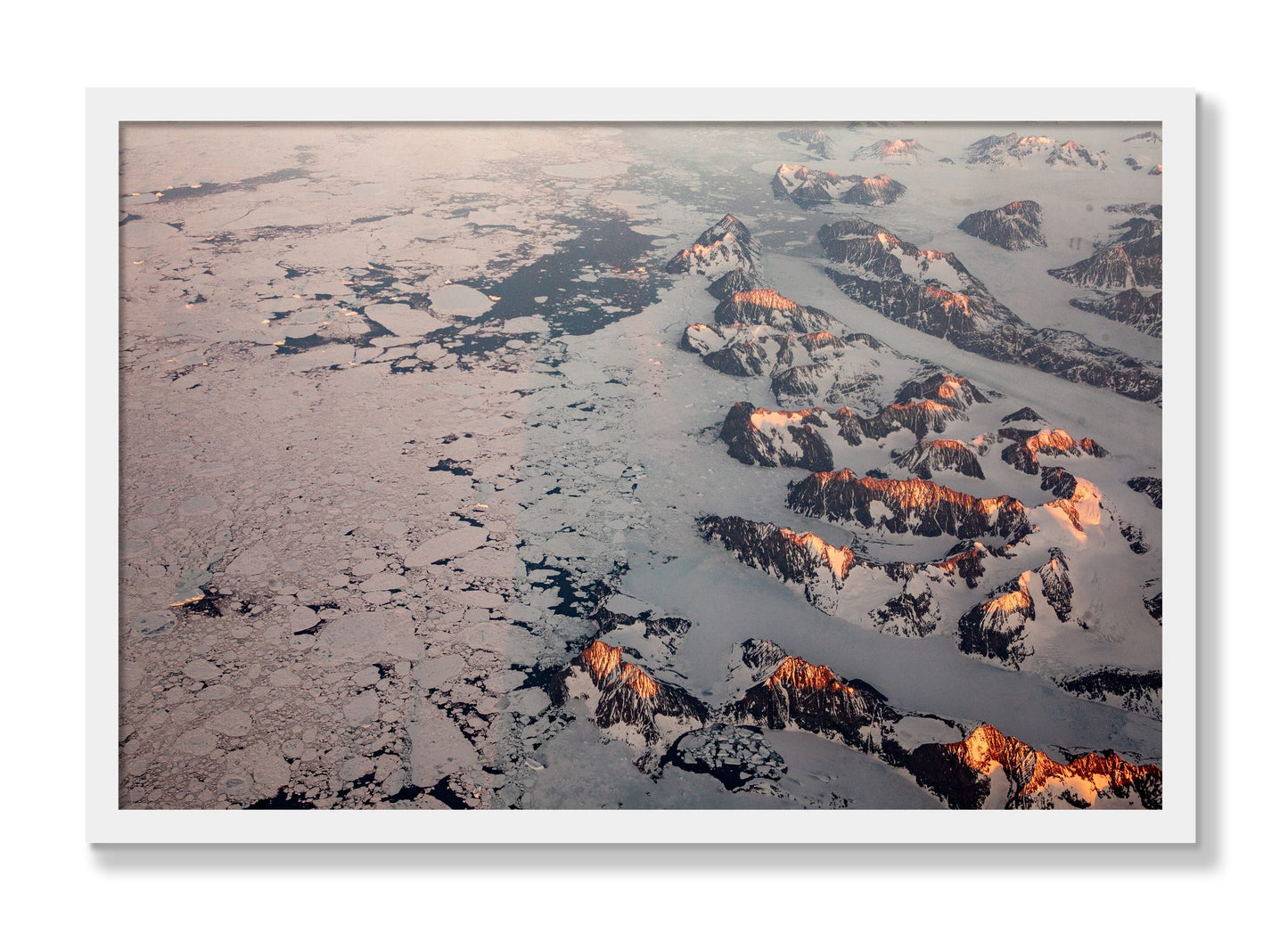 Framed photograph of Greenland Peaks by Dylan Ozanich, White frame, Full Bleed