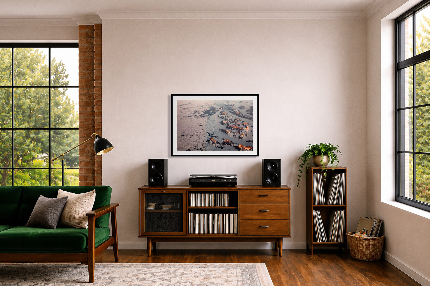 Framed photograph of Greenland Peaks by Dylan Ozanich displayed on a wall