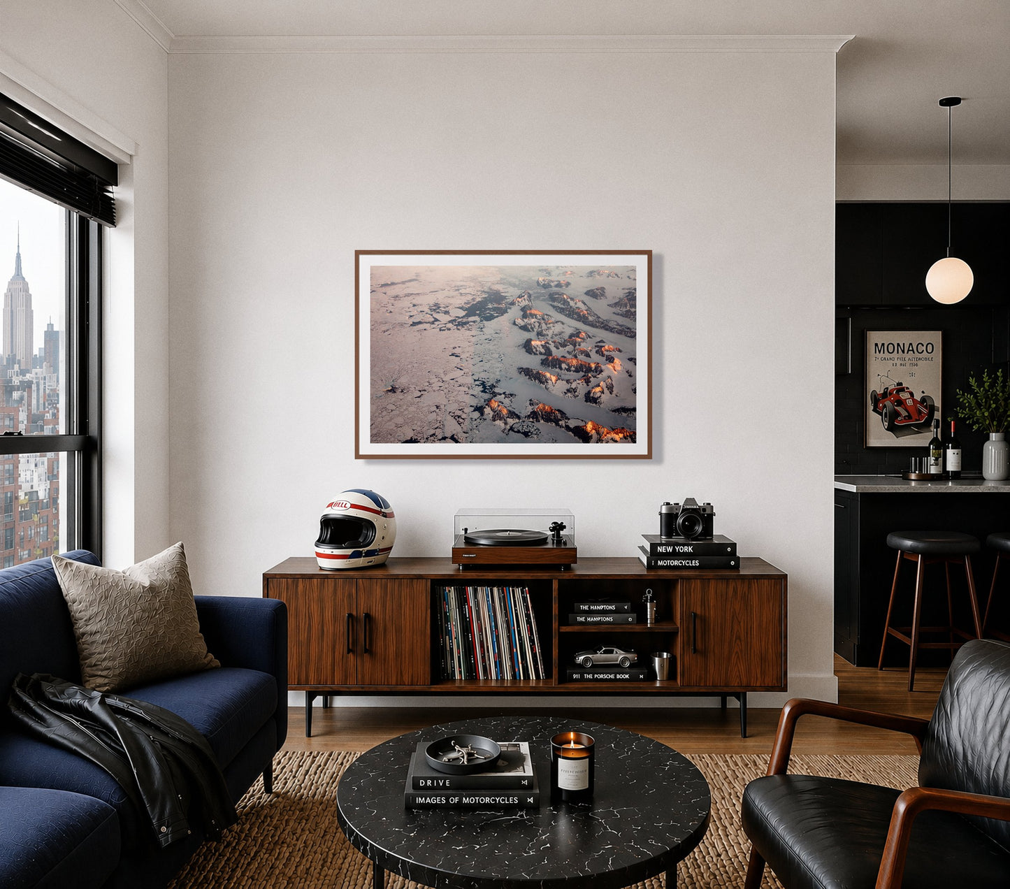 Framed photograph of Greenland Peaks by Dylan Ozanich displayed on a wall