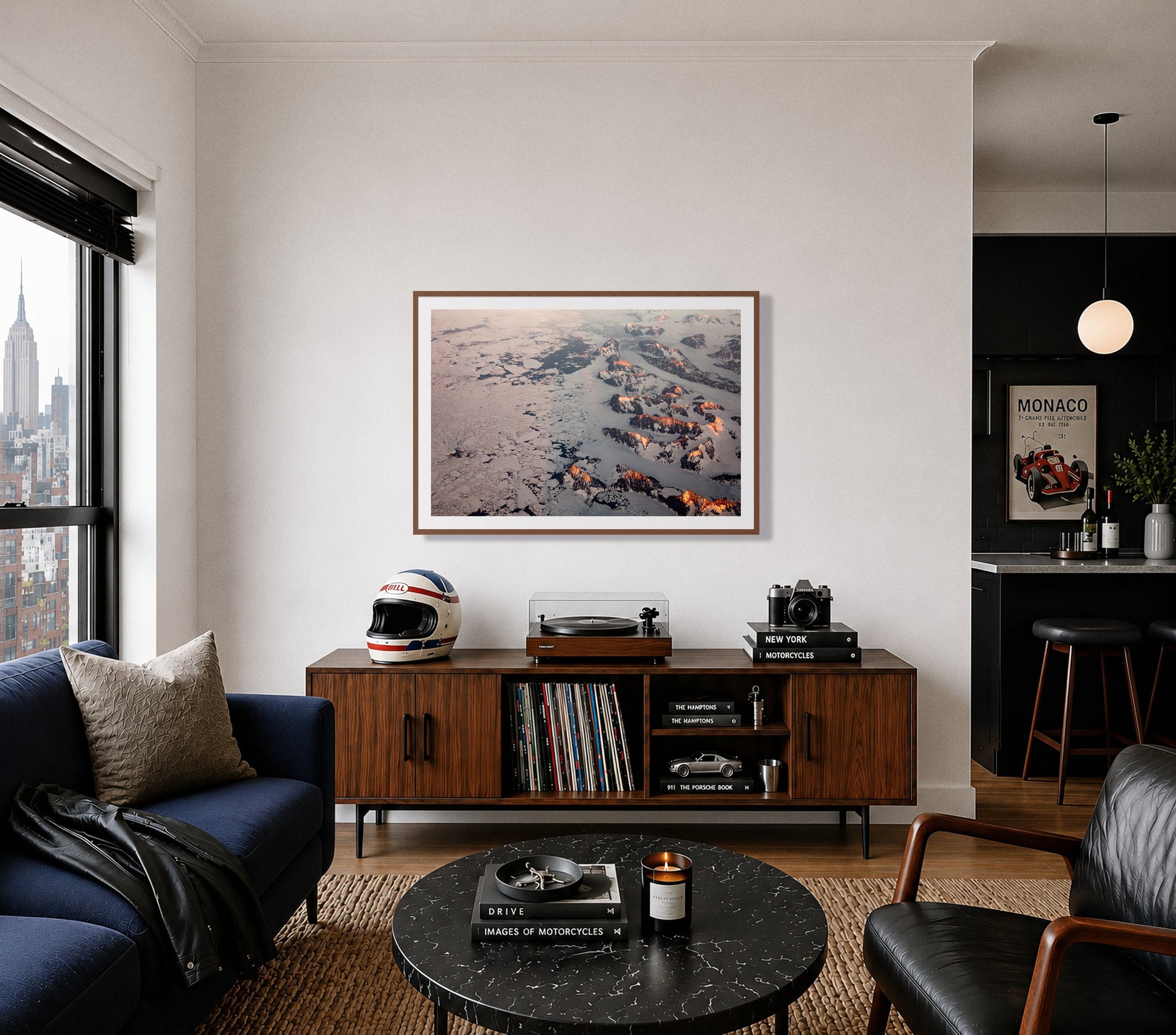 Framed photograph of Greenland Peaks by Dylan Ozanich displayed on a wall