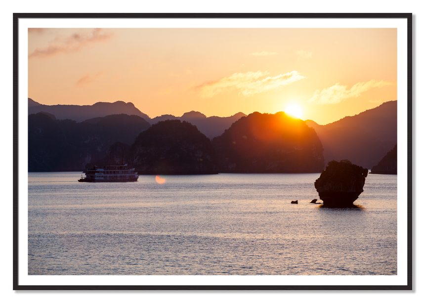 Ha Long Bay by Dylan Ozanich, 48×72 print with a White Border in a Black Walnut frame