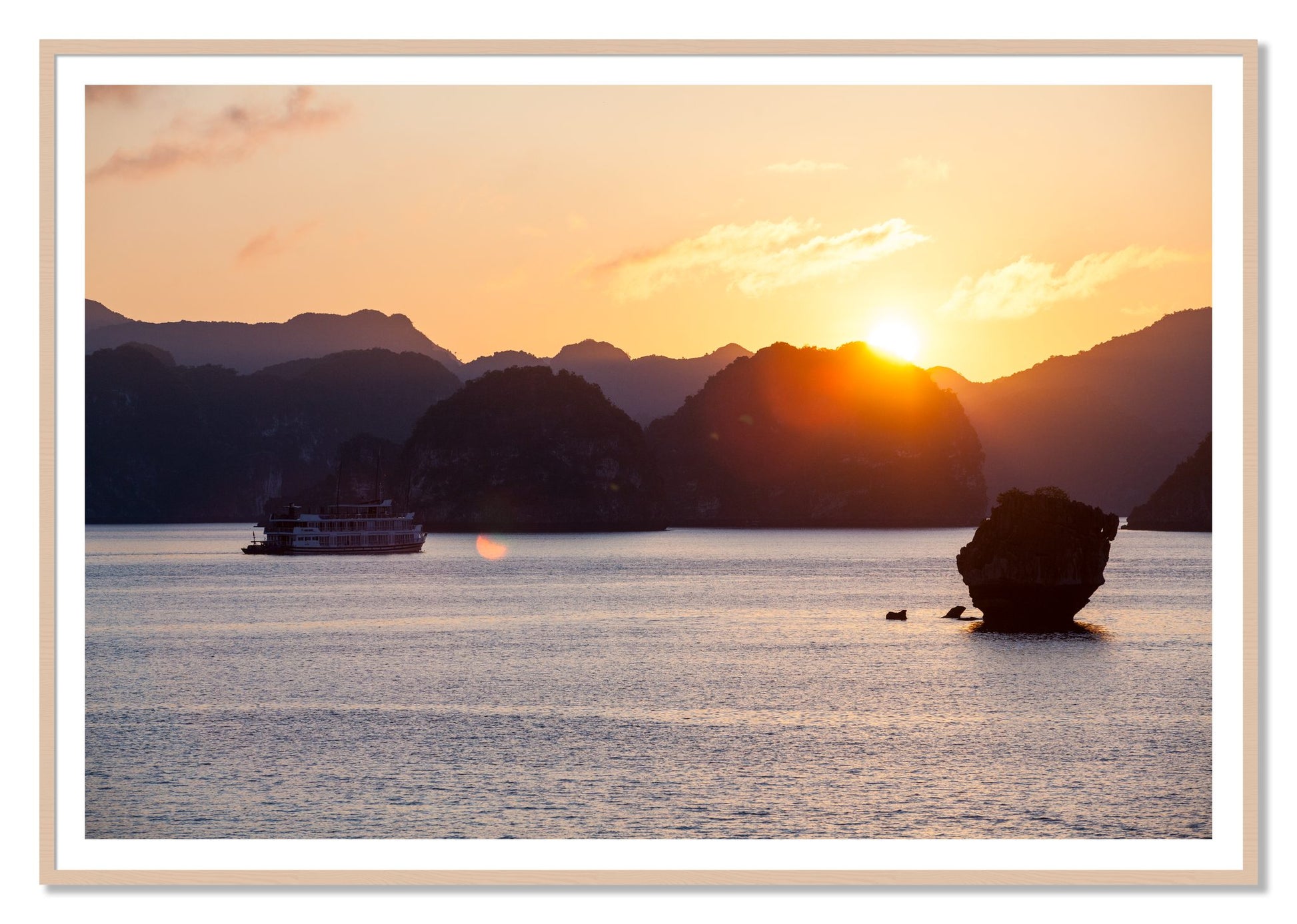 Ha Long Bay by Dylan Ozanich, 48×72 print with a White Border in a Maple frame