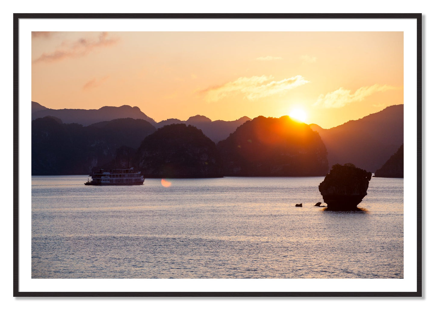 Framed photograph of Ha Long Bay by Dylan Ozanich, Black Walnut frame, Borders