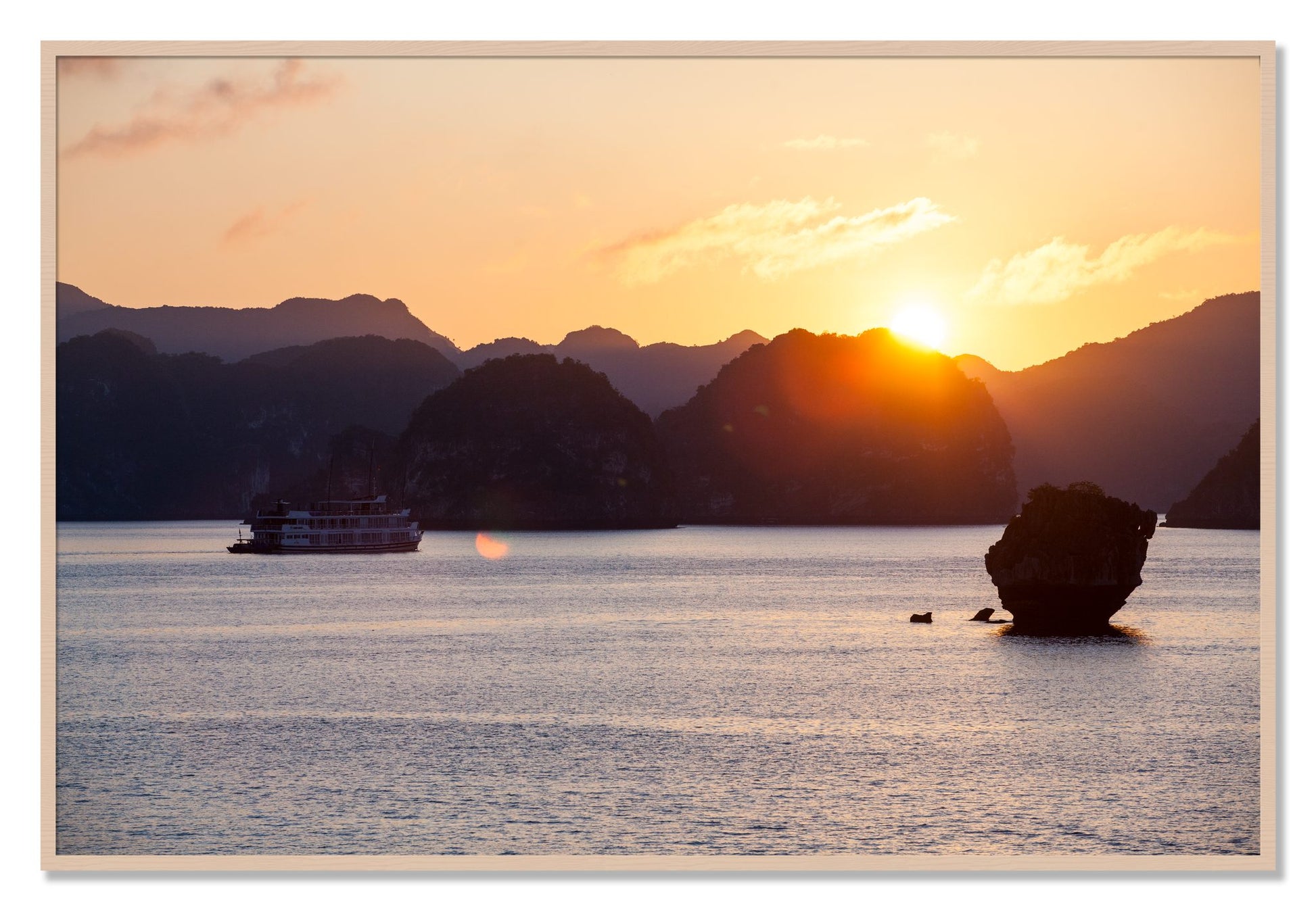 Framed photograph of Ha Long Bay by Dylan Ozanich, Maple frame, Full Bleed