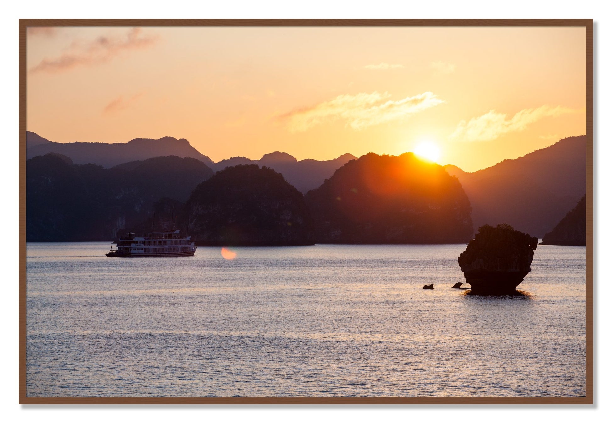 Framed photograph of Ha Long Bay by Dylan Ozanich, Walnut frame, Full Bleed
