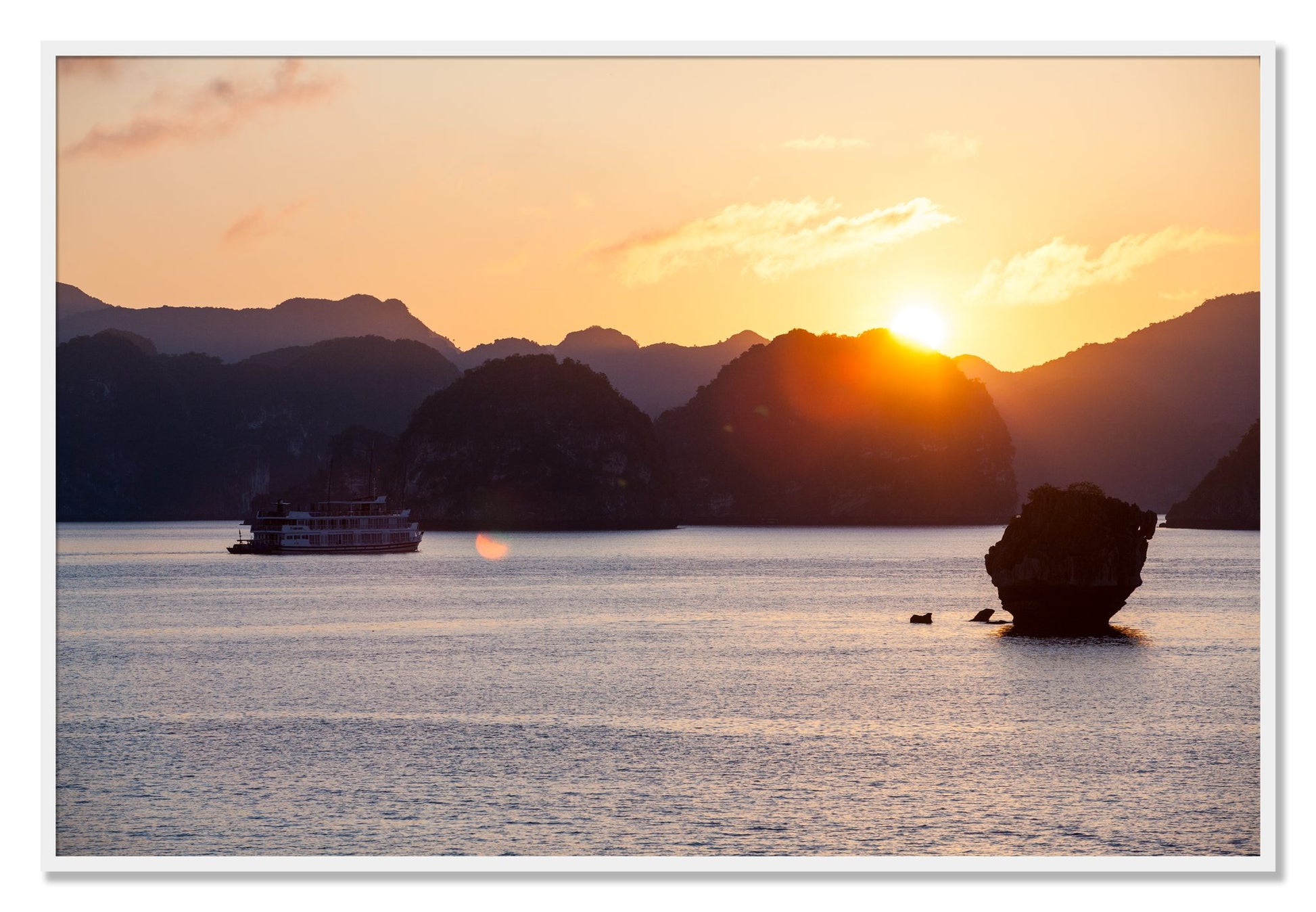 Framed photograph of Ha Long Bay by Dylan Ozanich, White frame, Full Bleed