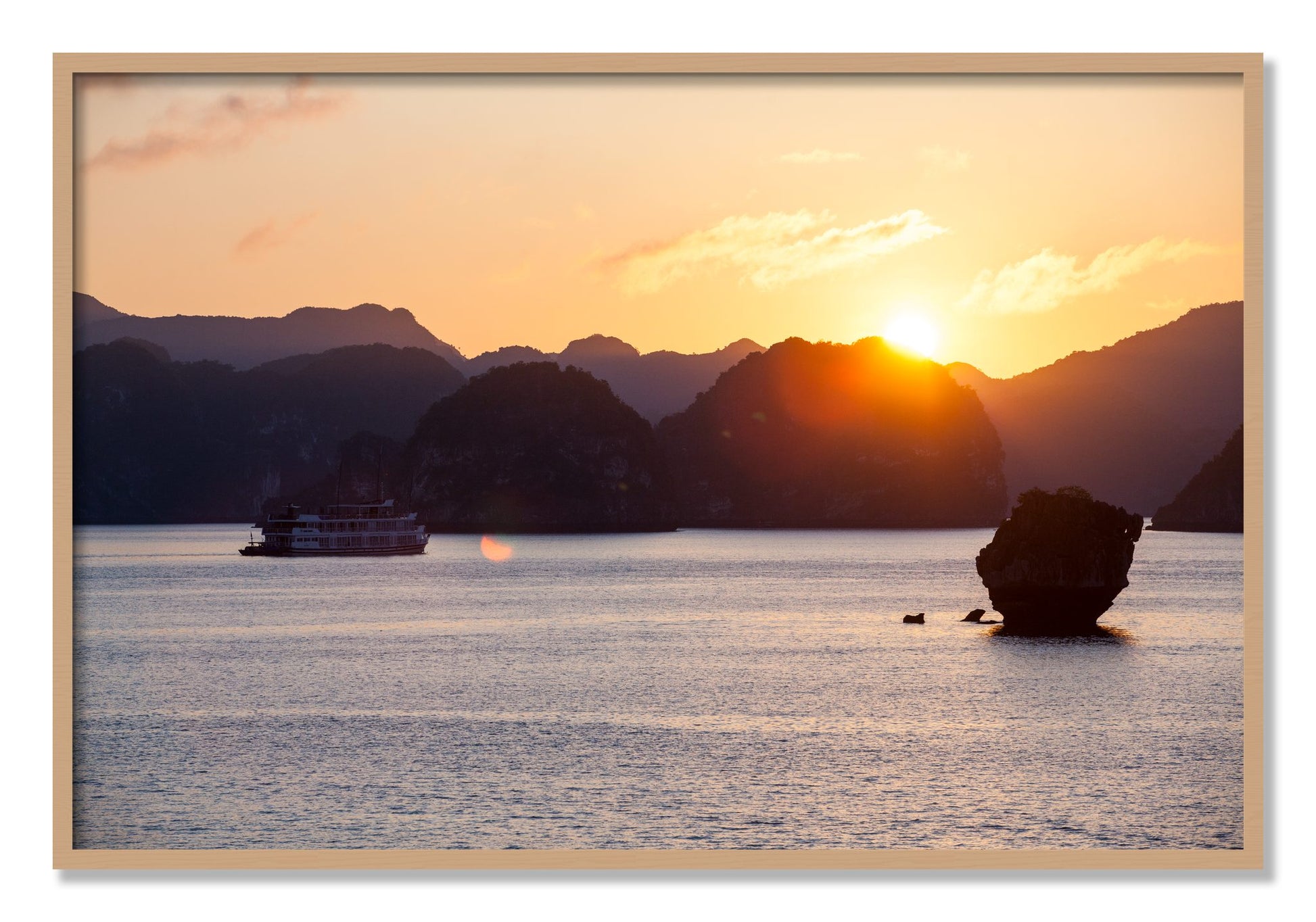 Framed photograph of Ha Long Bay by Dylan Ozanich, Oak frame, Full Bleed