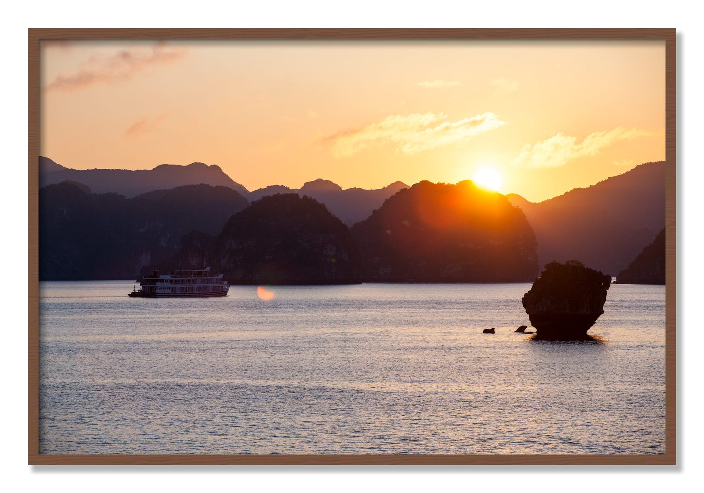 Framed photograph of Ha Long Bay by Dylan Ozanich, Walnut frame, Full Bleed