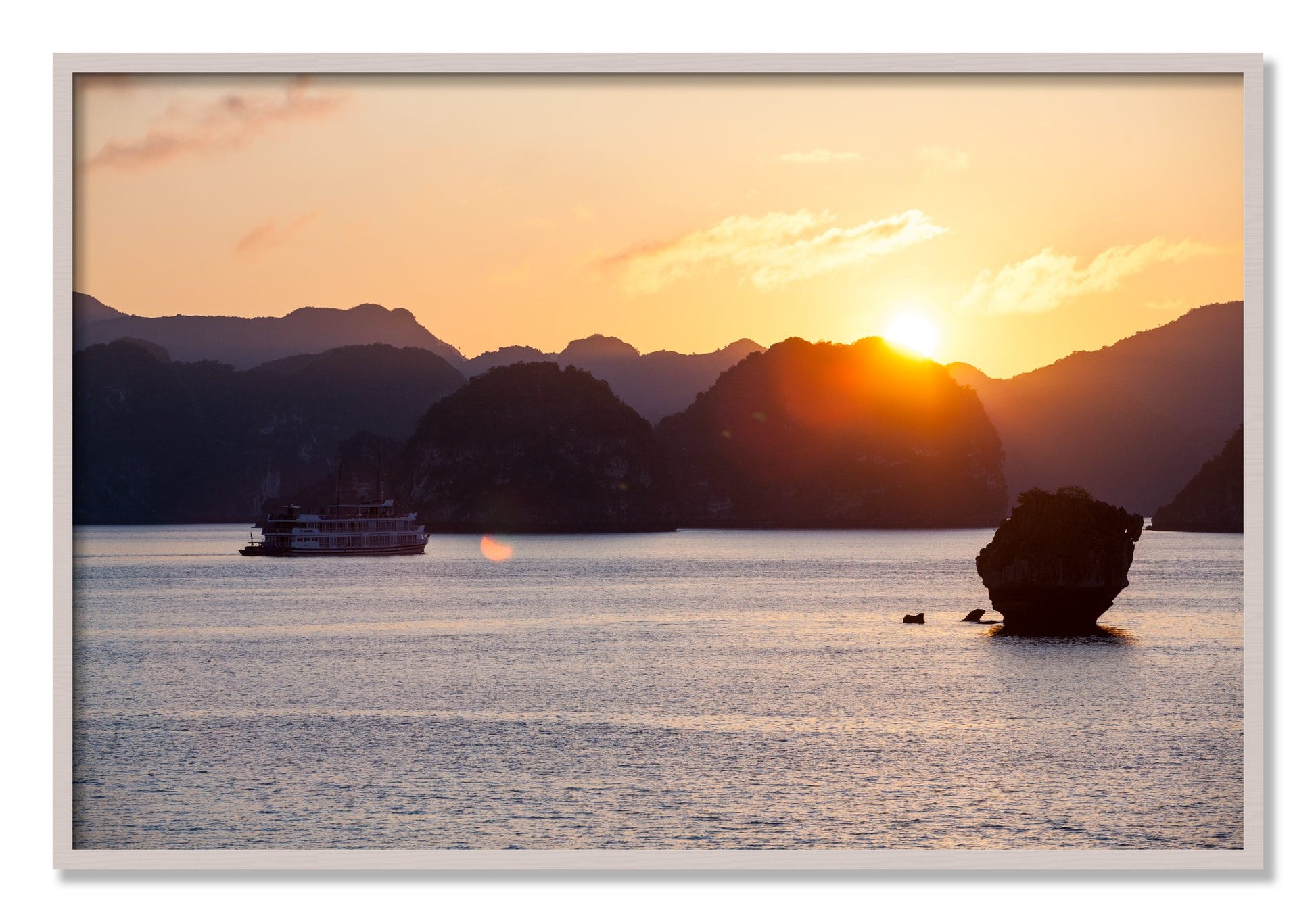Framed photograph of Ha Long Bay by Dylan Ozanich, White Maple frame, Full Bleed