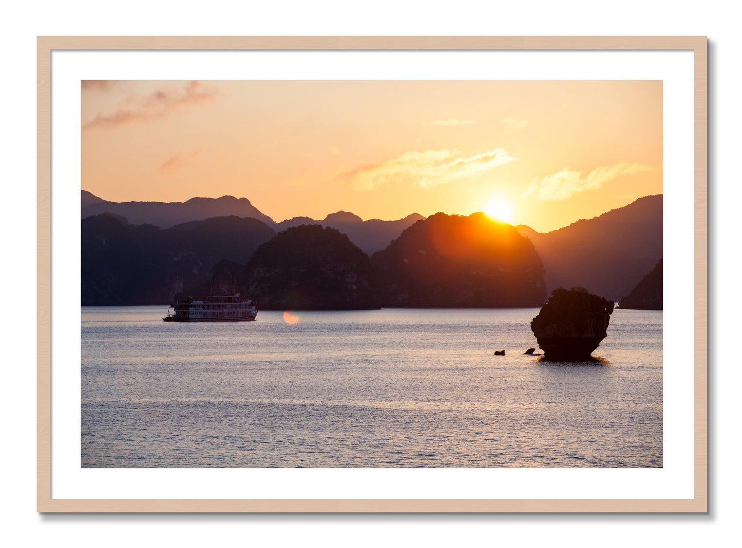 Framed photograph of Ha Long Bay by Dylan Ozanich, Maple frame, Borders