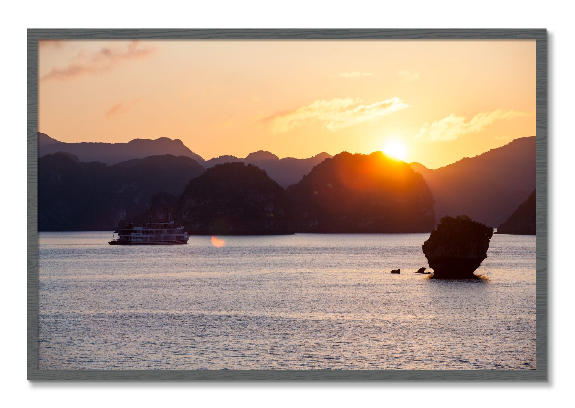 Framed photograph of Ha Long Bay by Dylan Ozanich, Grey frame, Full Bleed