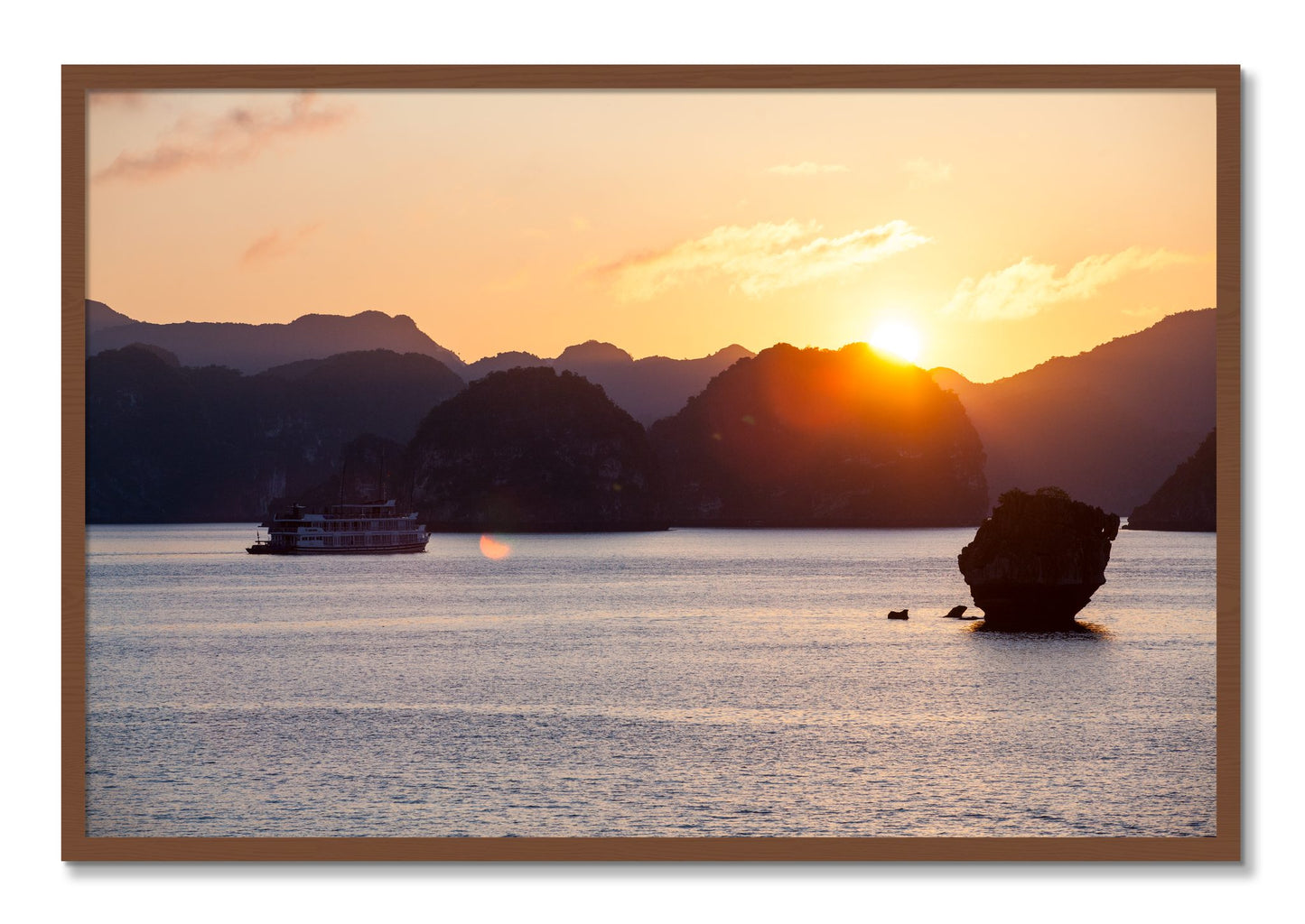 Framed photograph of Ha Long Bay by Dylan Ozanich, Walnut frame, Full Bleed