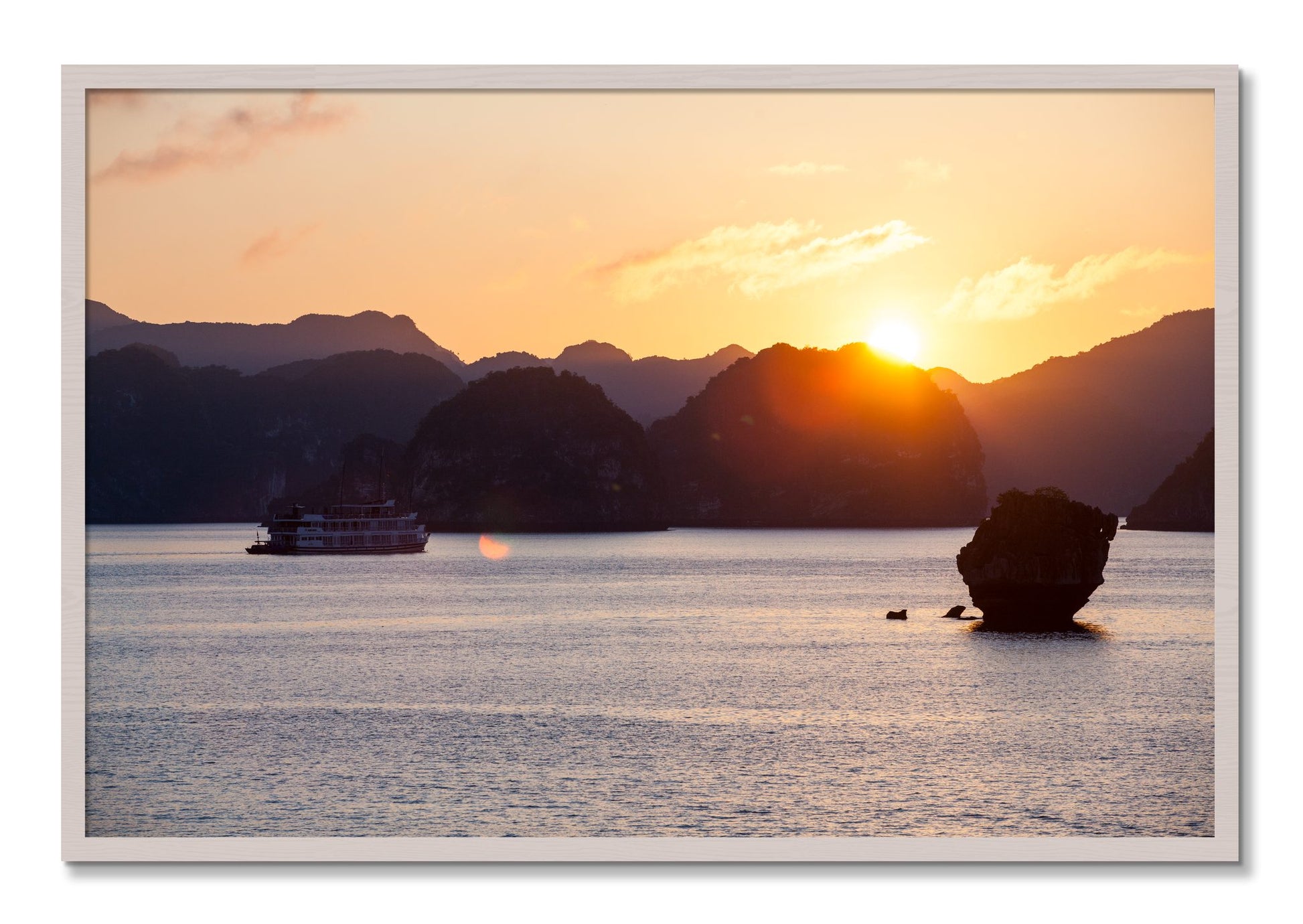 Framed photograph of Ha Long Bay by Dylan Ozanich, White Maple frame, Full Bleed
