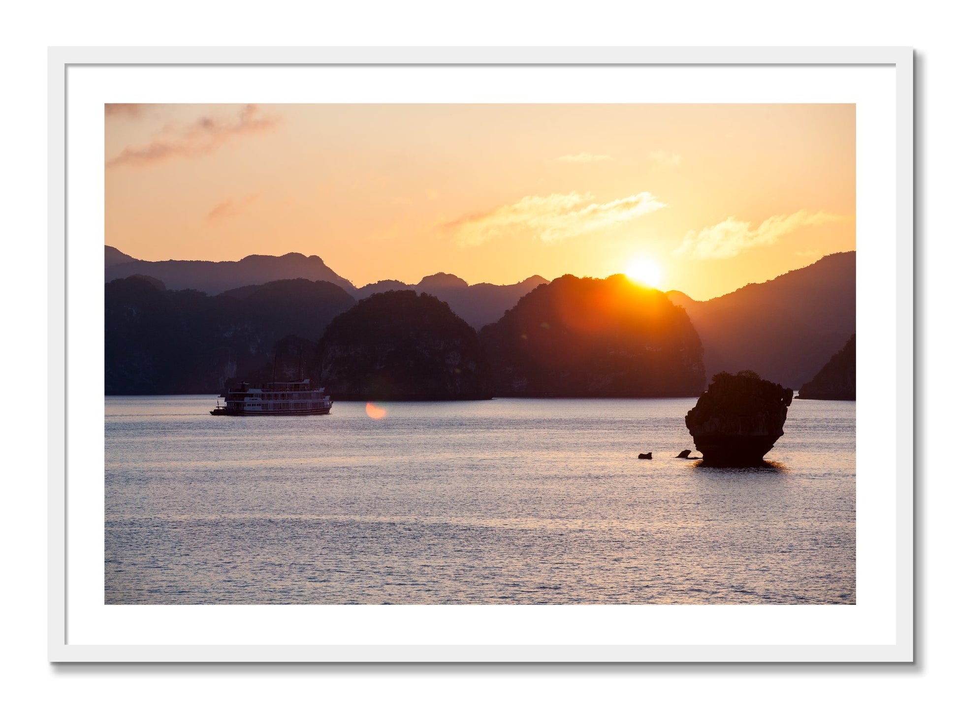 Framed photograph of Ha Long Bay by Dylan Ozanich, White frame, Full Bleed