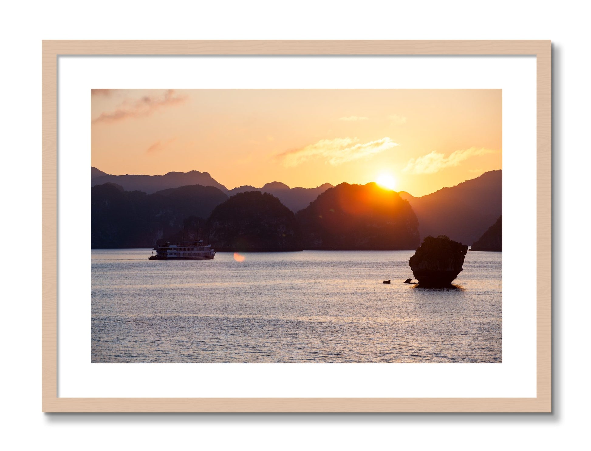Framed photograph of Ha Long Bay by Dylan Ozanich, Maple frame, Borders