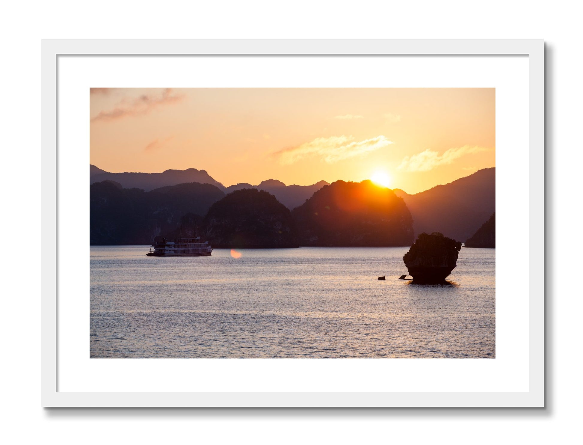 Framed photograph of Ha Long Bay by Dylan Ozanich, White frame, Borders