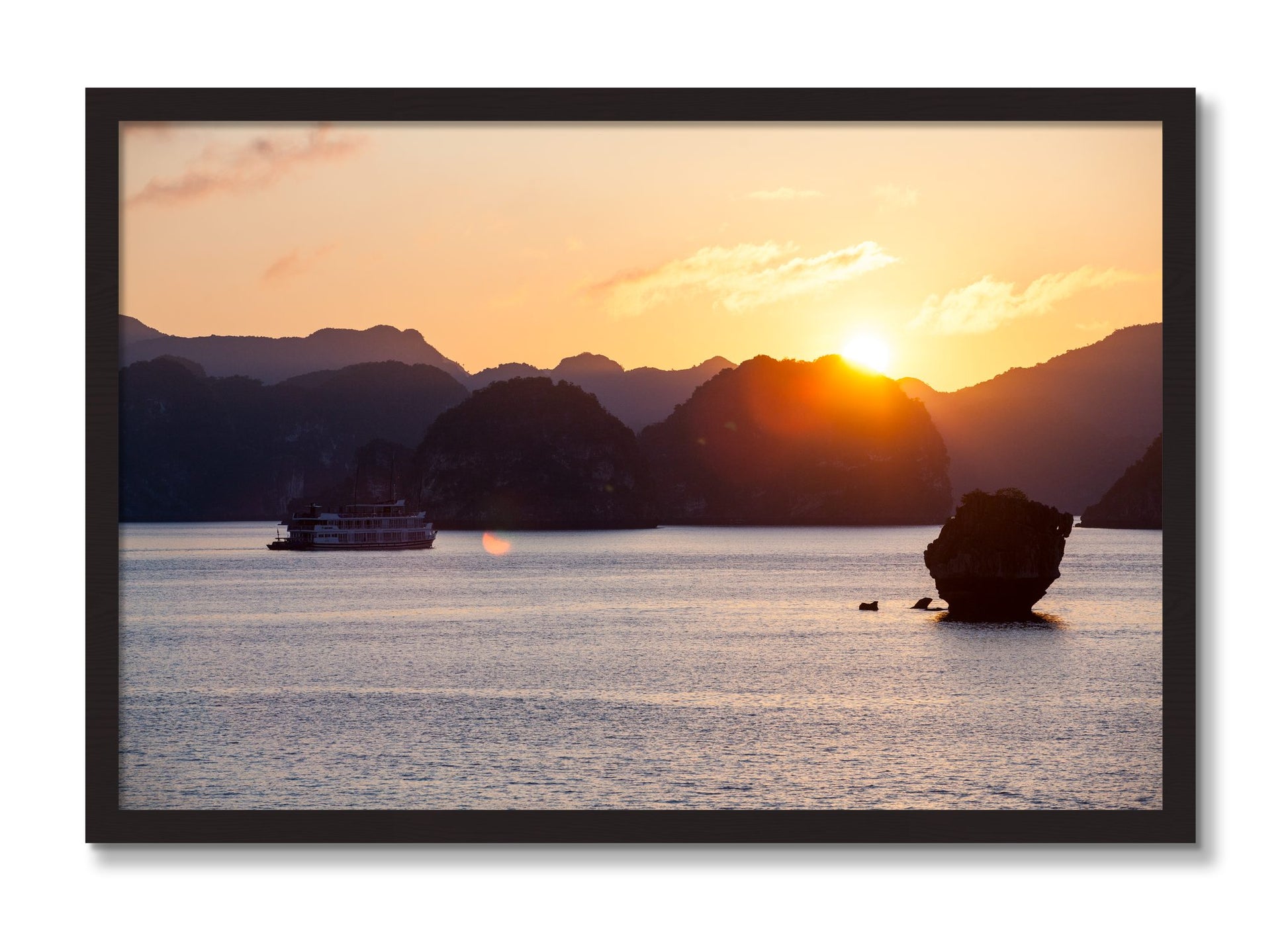 Framed photograph of Ha Long Bay by Dylan Ozanich, Black Walnut frame, Full Bleed