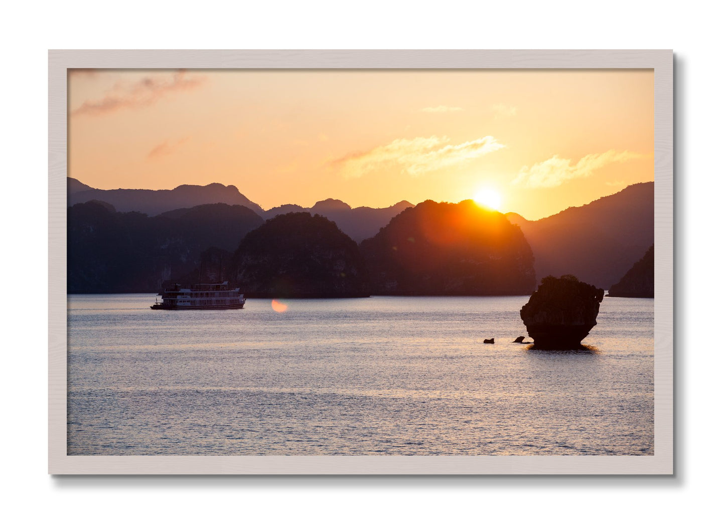 Framed photograph of Ha Long Bay by Dylan Ozanich, White Maple frame, Full Bleed
