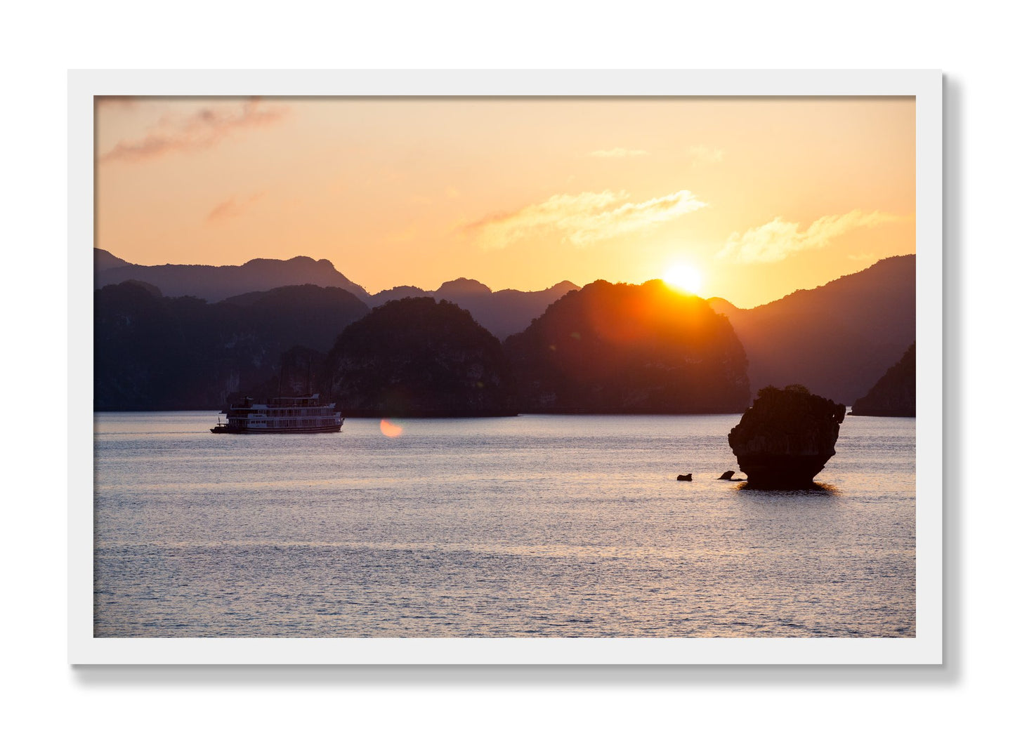 Framed photograph of Ha Long Bay by Dylan Ozanich, White frame, Full Bleed