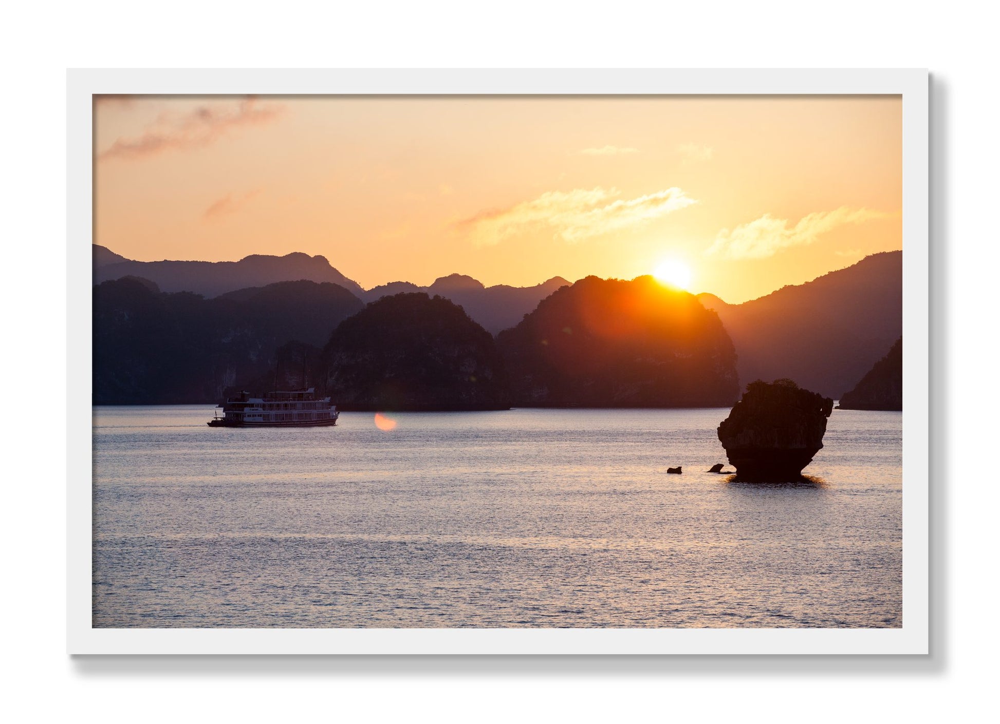 Framed photograph of Ha Long Bay by Dylan Ozanich, White frame, Full Bleed